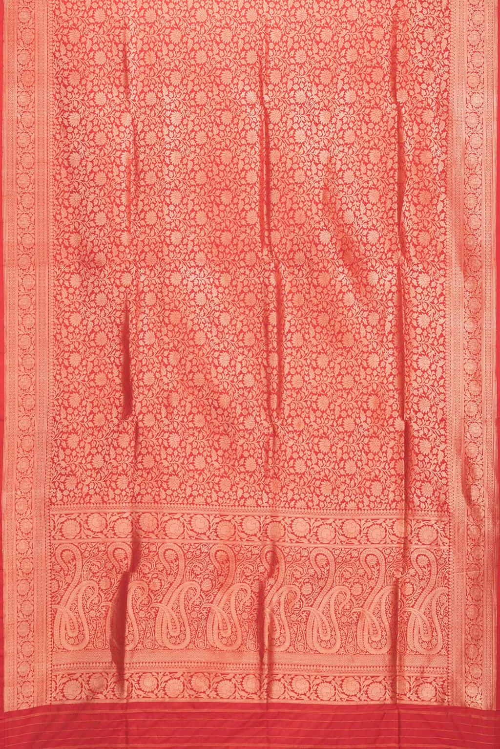Flat view of Red Dual Tone Banarasi Silk Saree with Zari Brocade on the body and Zari Border. 