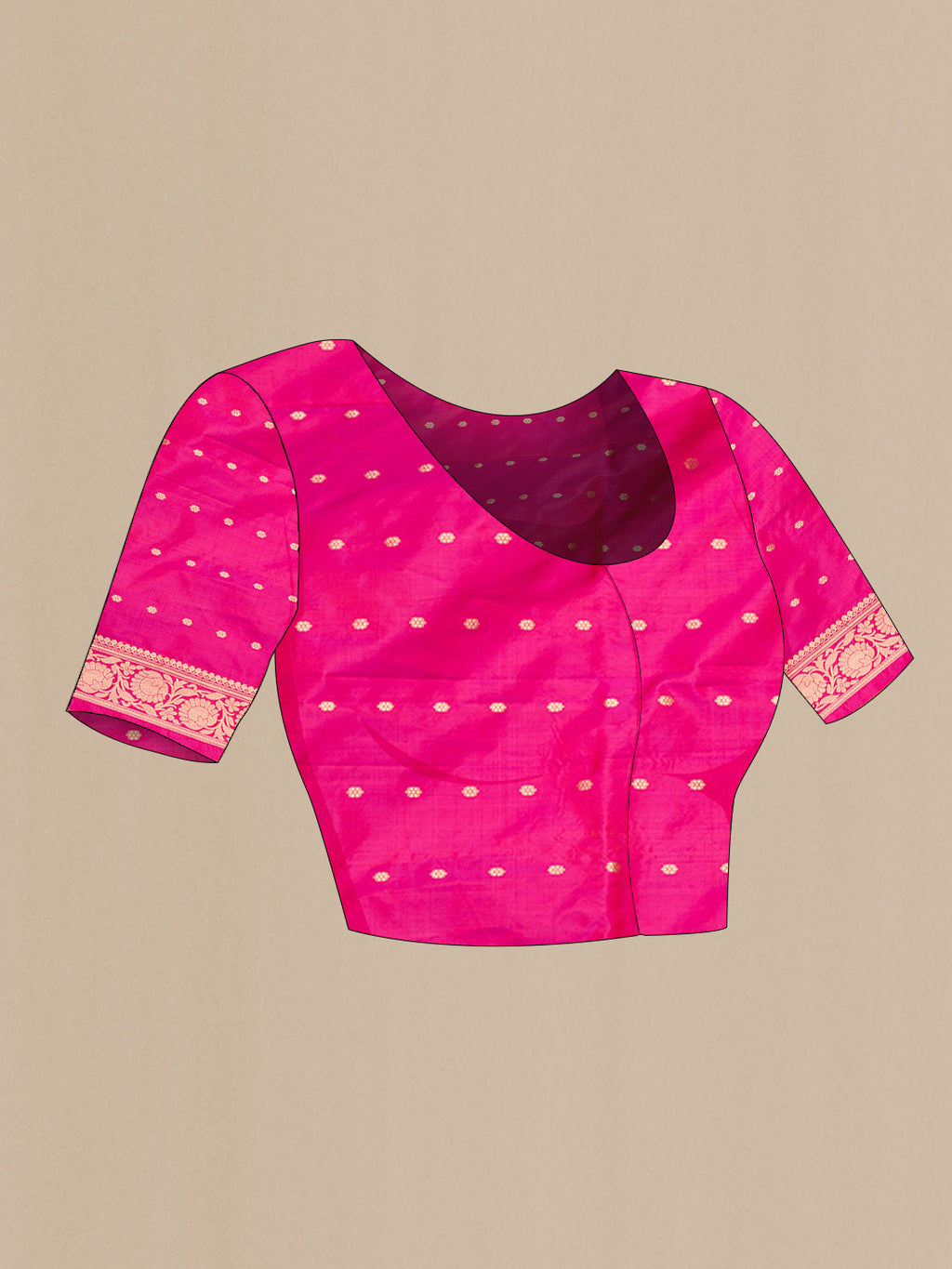 Close up image of the blouse of Pure Silk Coral Dual Tone Banarasi Saree with Zari Brocade on the body and Zari Border. 