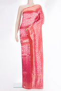 Pure Silk Coral Dual Tone Banarasi Saree with Zari Brocade on the body and Zari Border.  displayed on a mannequin