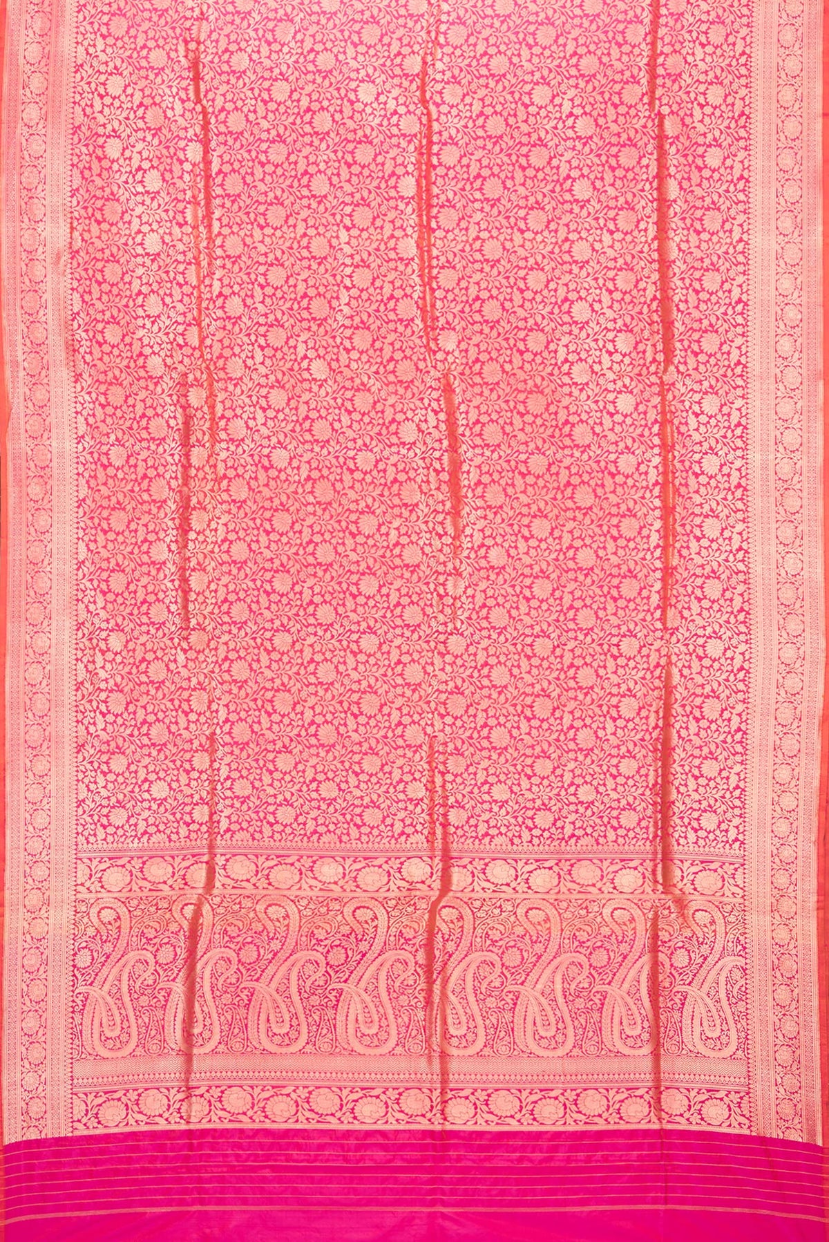 Flat view of Pure Silk Coral Dual Tone Banarasi Saree with Zari Brocade on the body and Zari Border. 