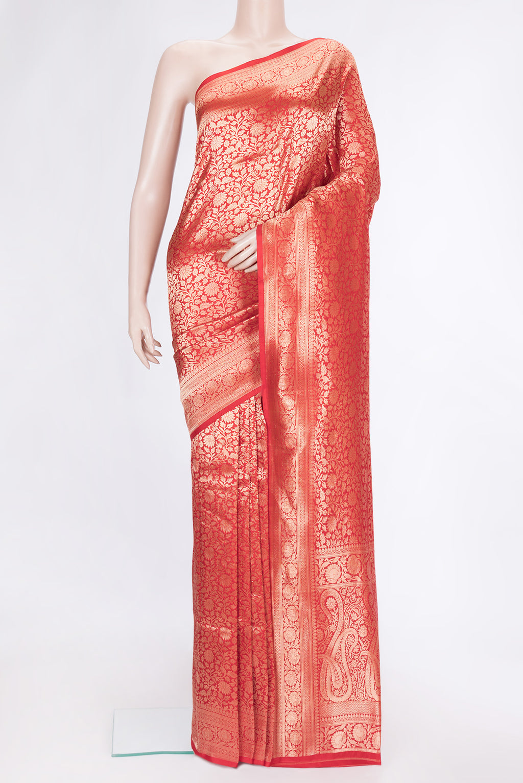 Red Dual Tone Banarasi Silk Saree with Zari Brocade on the body and Zari Border.  displayed on a mannequin