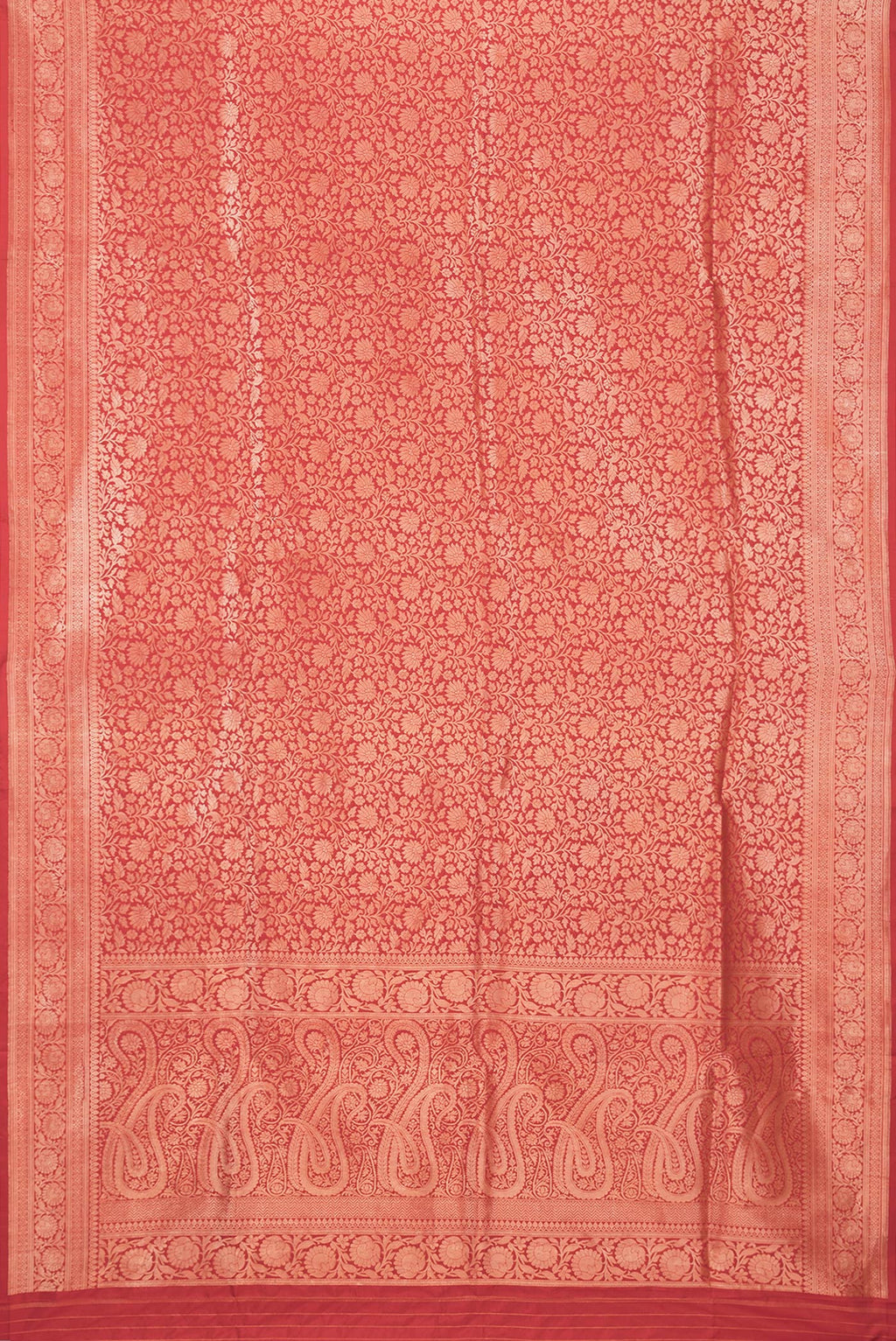 Flat view of Red Dual Tone Banarasi Silk Saree with Zari Brocade on the body and Zari Border. 