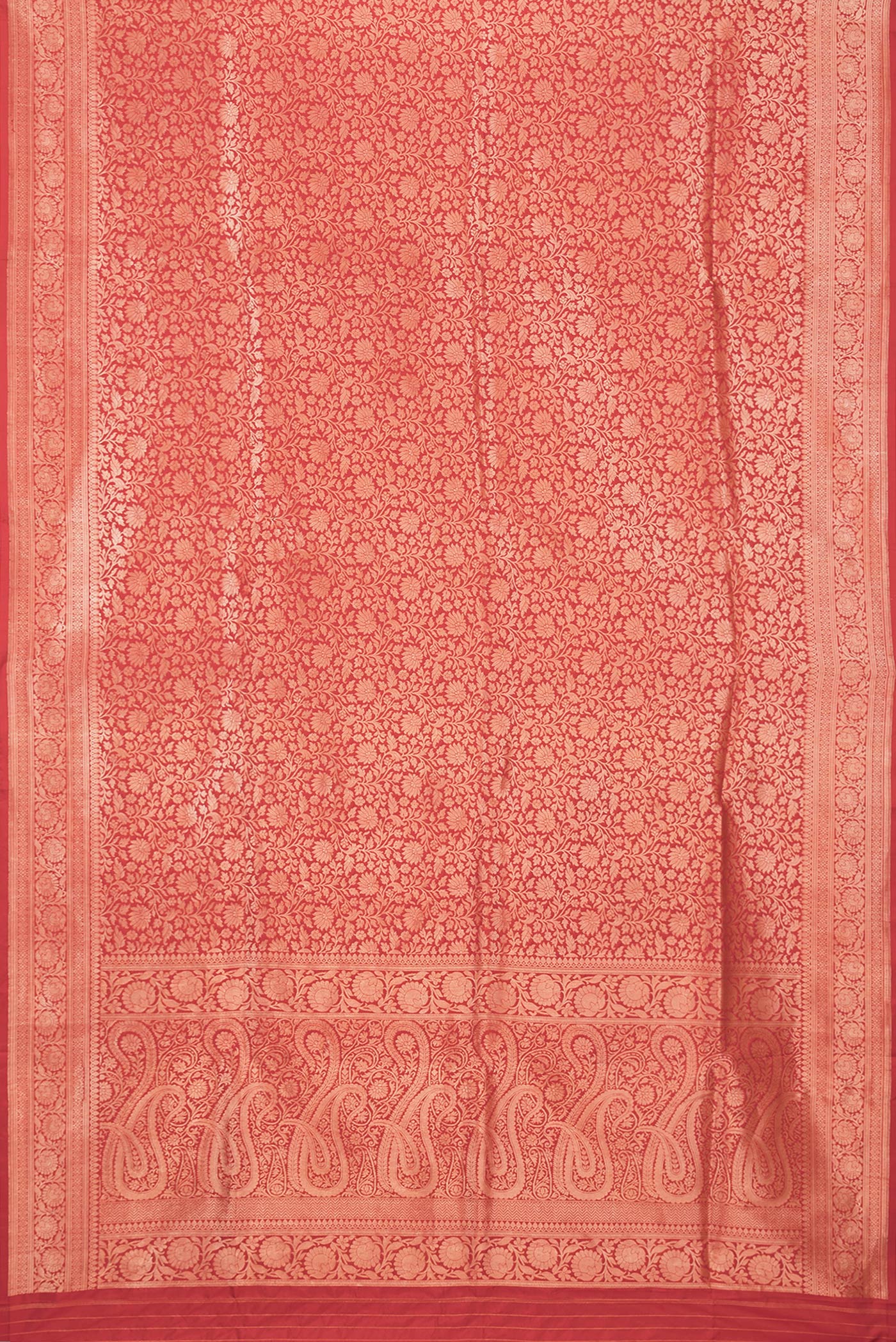 Flat view of Red Dual Tone Banarasi Silk Saree with Zari Brocade on the body and Zari Border. 