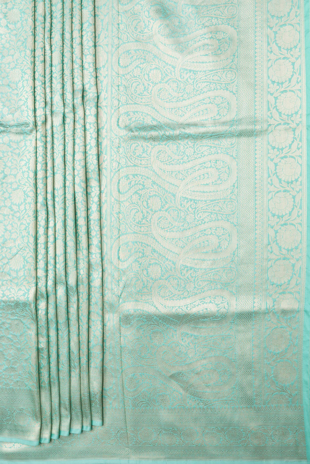 Pleats and pallu of Light Blue Dual Tone Banarasi Silk Saree with Zari Brocade on the body and Zari Border. 