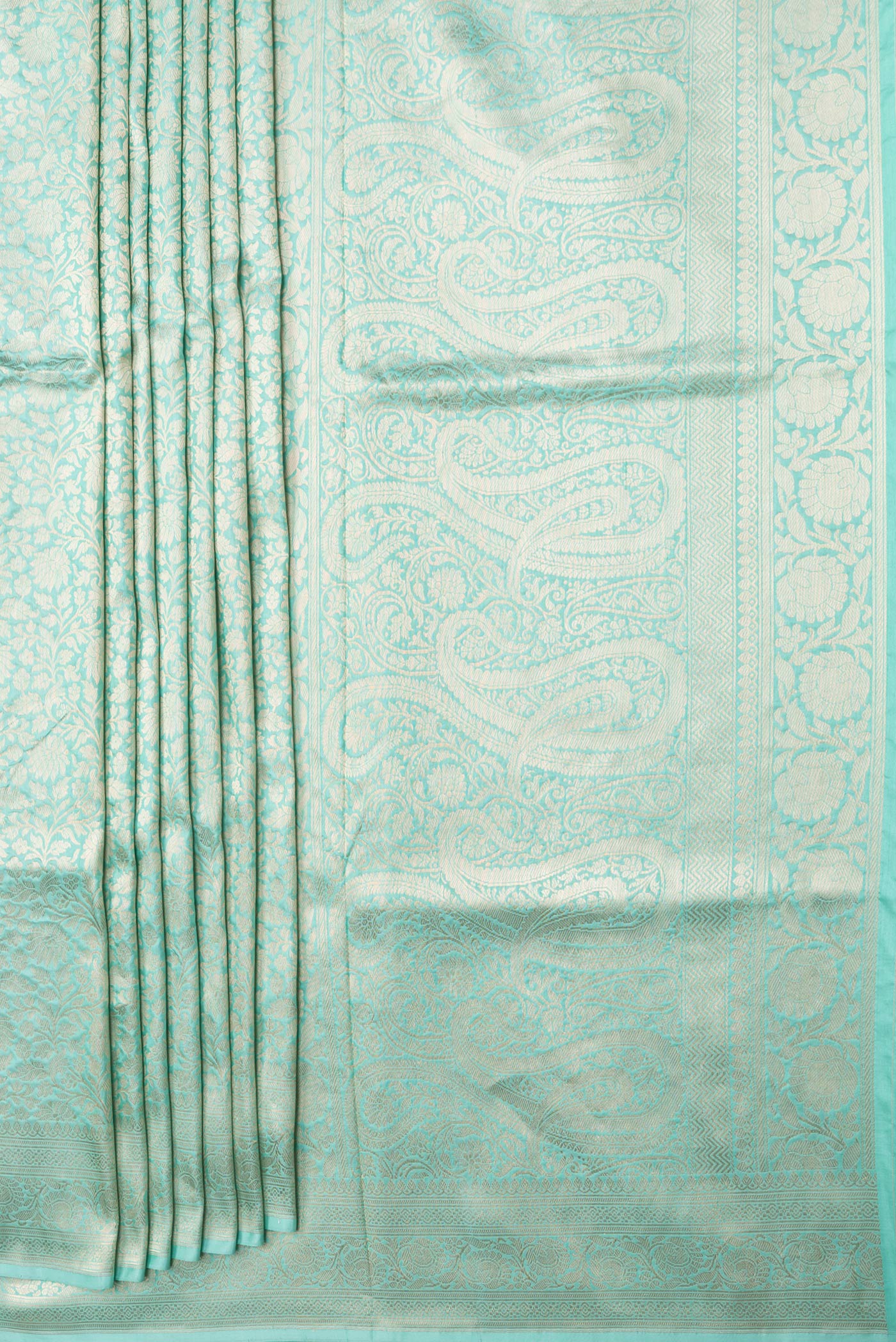Pleats and pallu of Light Blue Dual Tone Banarasi Silk Saree with Zari Brocade on the body and Zari Border. 
