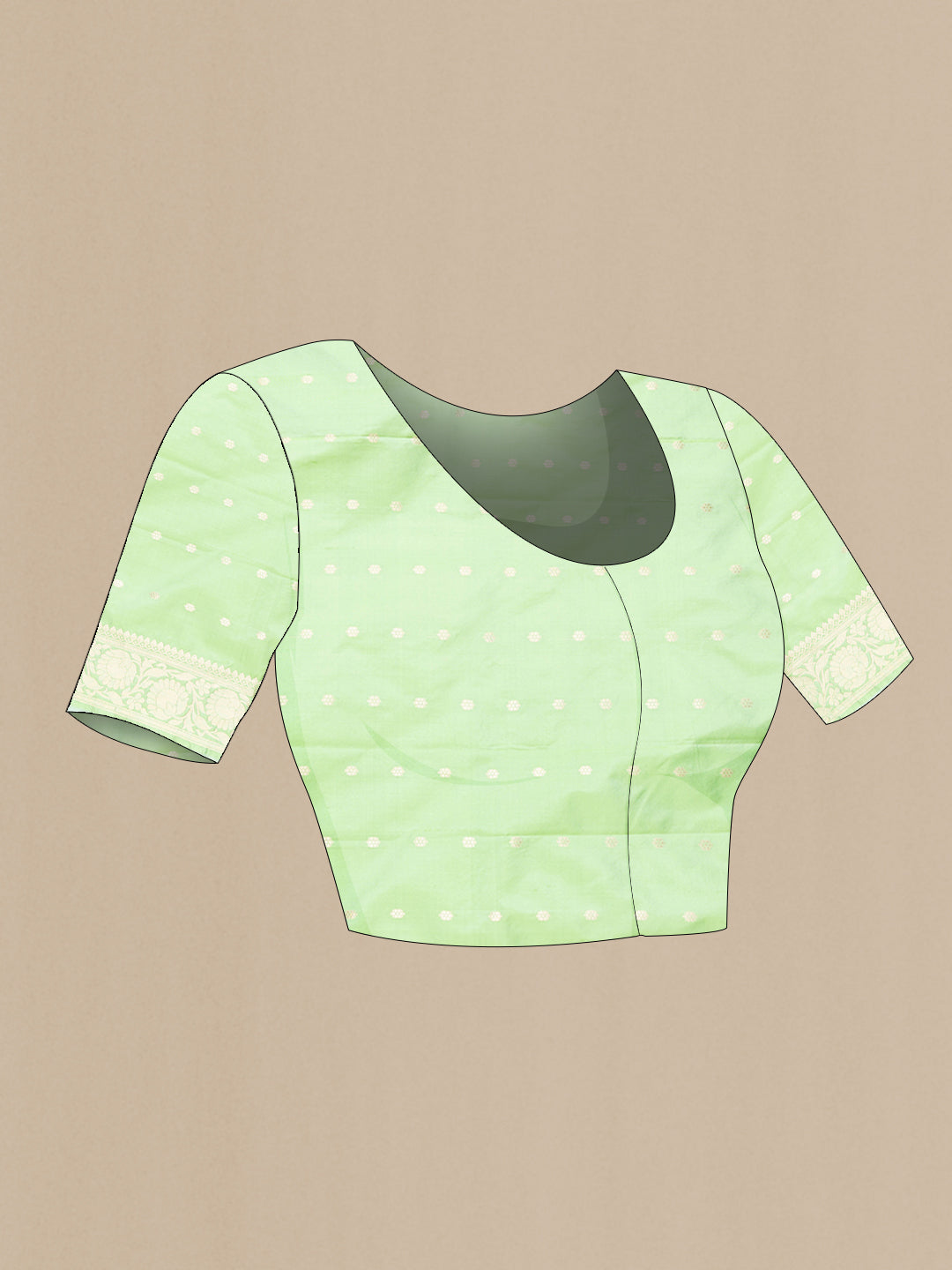Close up image of the blouse of Pista Green Dual Tone Banarasi Silk Saree with Zari Brocade on the body and Zari Border. 