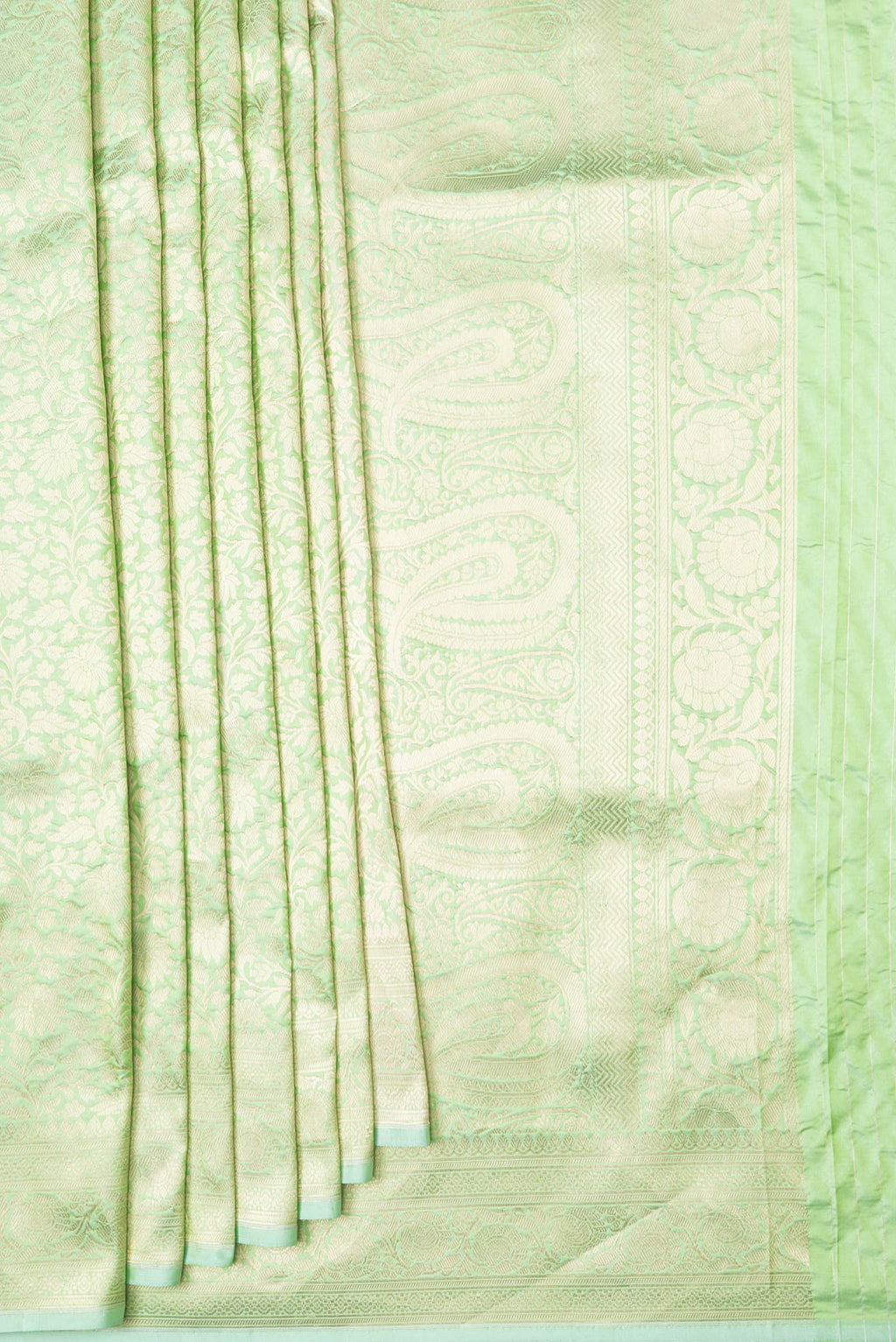 Pleats and pallu of Pista Green Dual Tone Banarasi Silk Saree with Zari Brocade on the body and Zari Border. 