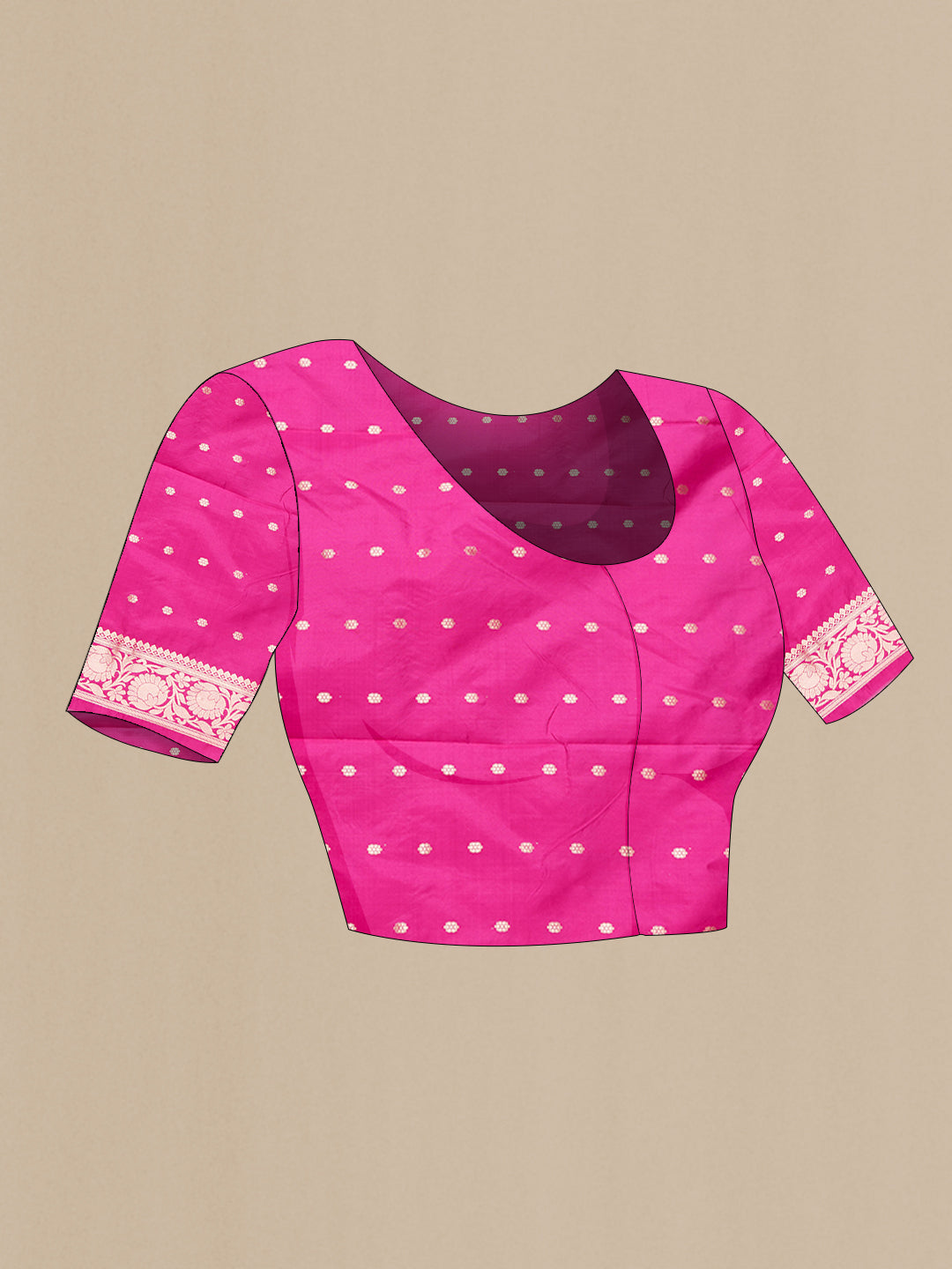 Close up image of the blouse of Dark Pink Dual Tone Banarasi Silk Saree with Zari Brocade on the body and Zari Border. 