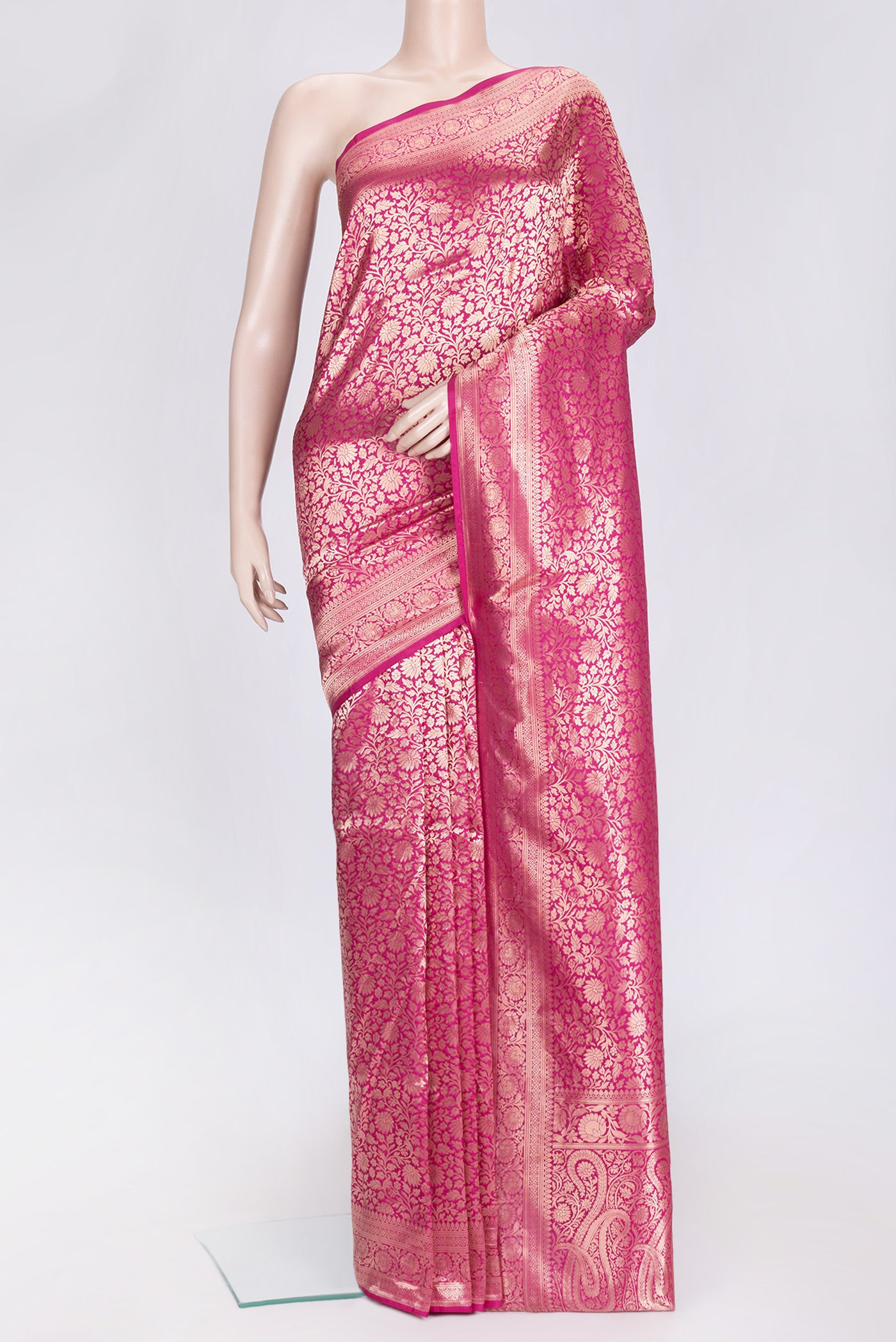 Dark Pink Dual Tone Banarasi Silk Saree with Zari Brocade on the body and Zari Border.  displayed on a mannequin