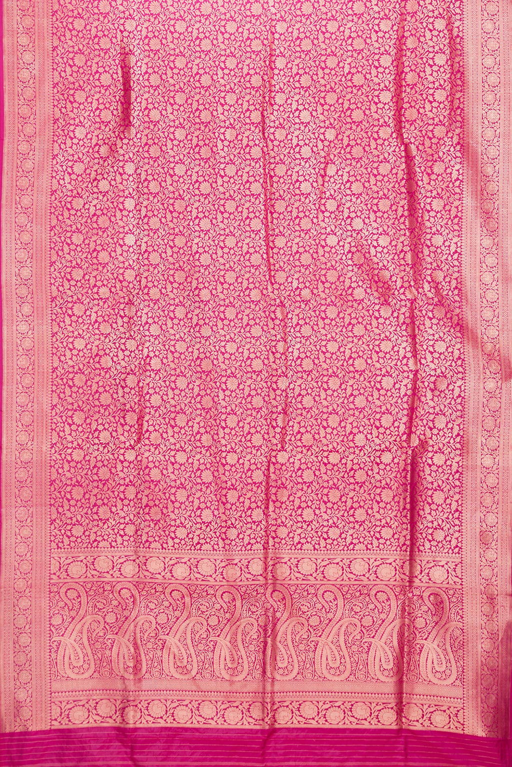 Flat view of Dark Pink Dual Tone Banarasi Silk Saree with Zari Brocade on the body and Zari Border. 