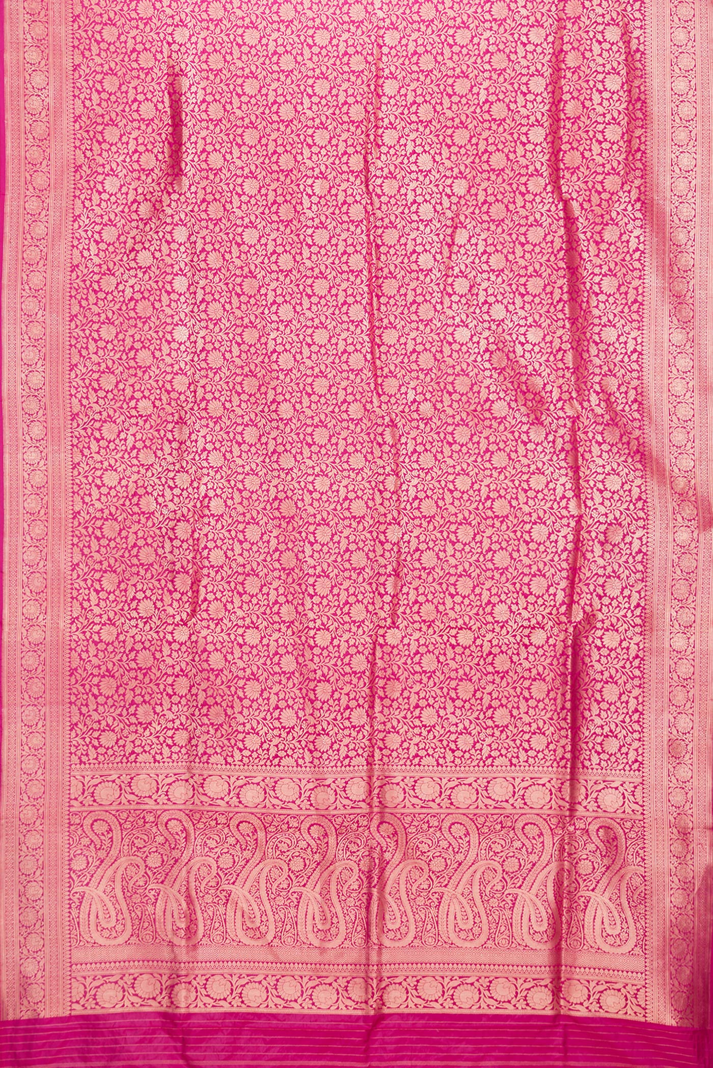 Flat view of Dark Pink Dual Tone Banarasi Silk Saree with Zari Brocade on the body and Zari Border. 