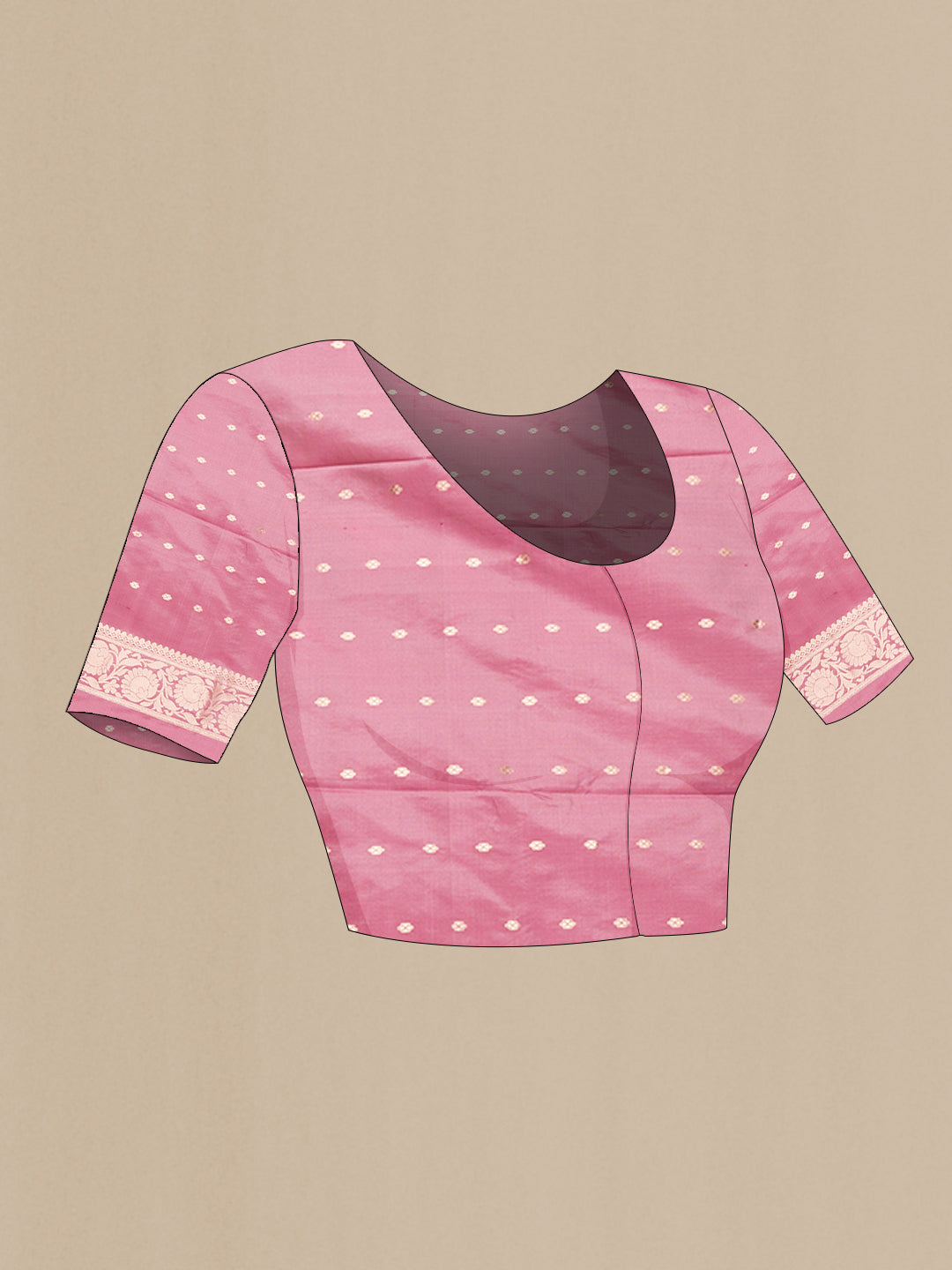 Close up image of the blouse of Golden Peach Dual Tone Banarasi Silk Saree with Zari Brocade on the body and Zari Border. 