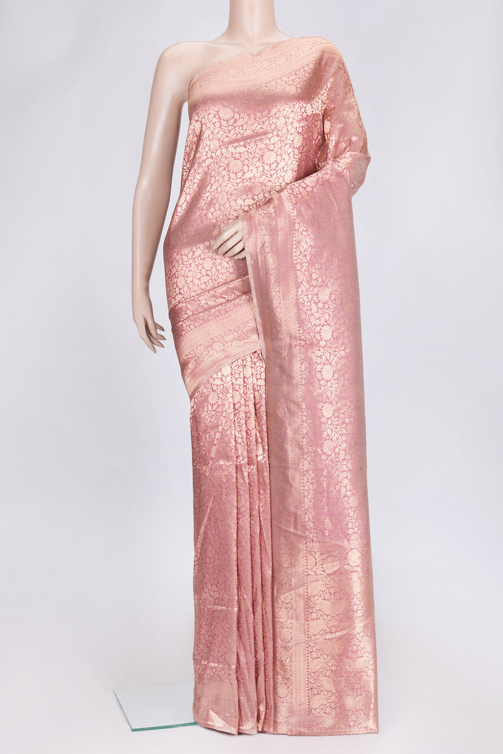 Golden Peach Dual Tone Banarasi Silk Saree with Zari Brocade on the body and Zari Border.  displayed on a mannequin