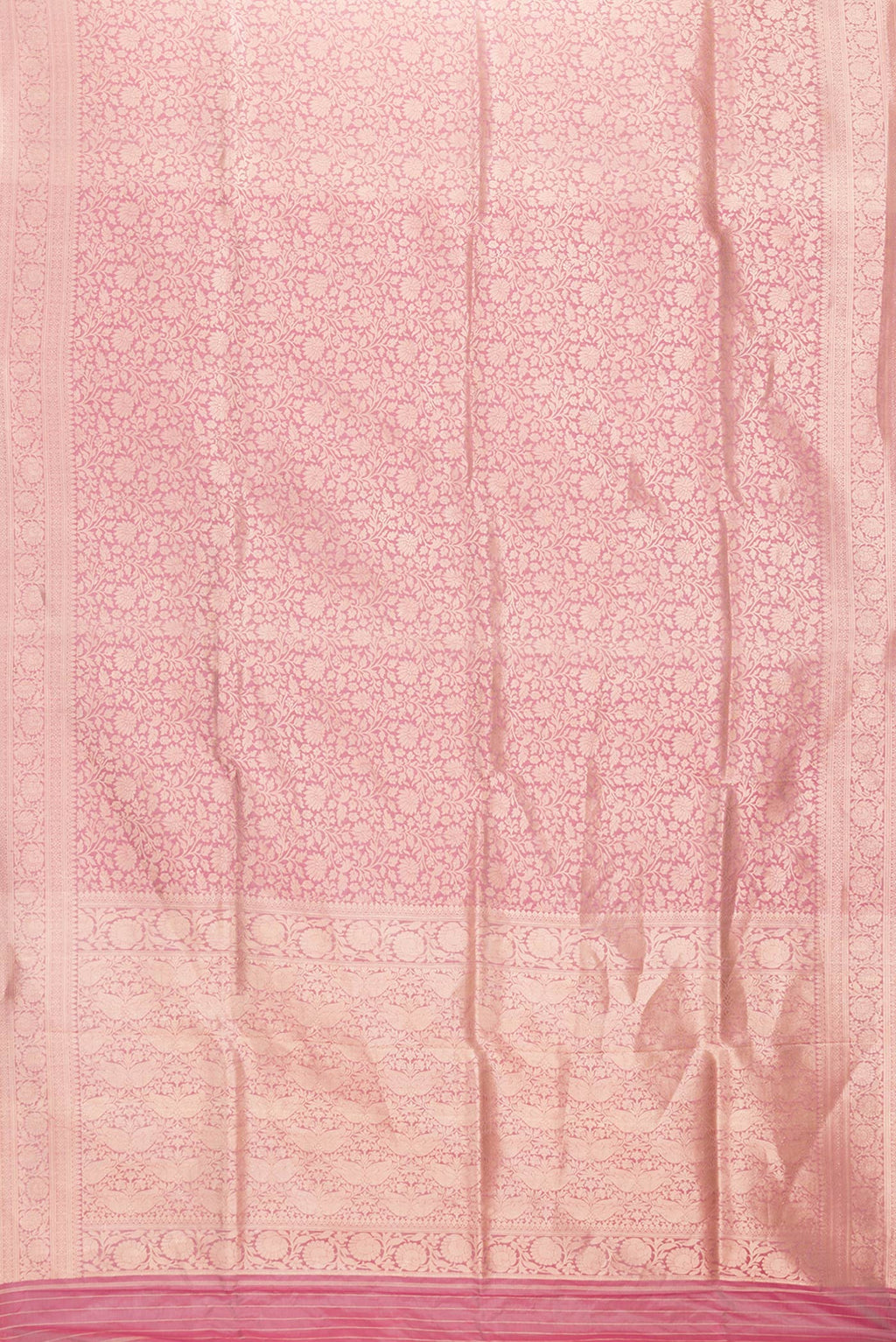 Flat view of Golden Peach Dual Tone Banarasi Silk Saree with Zari Brocade on the body and Zari Border. 