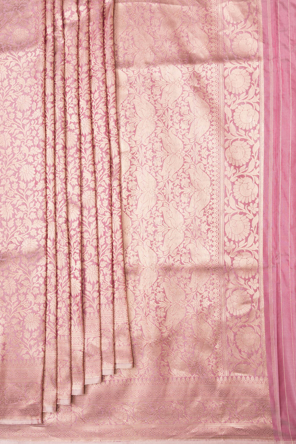 Pleats and pallu of Golden Peach Dual Tone Banarasi Silk Saree with Zari Brocade on the body and Zari Border. 