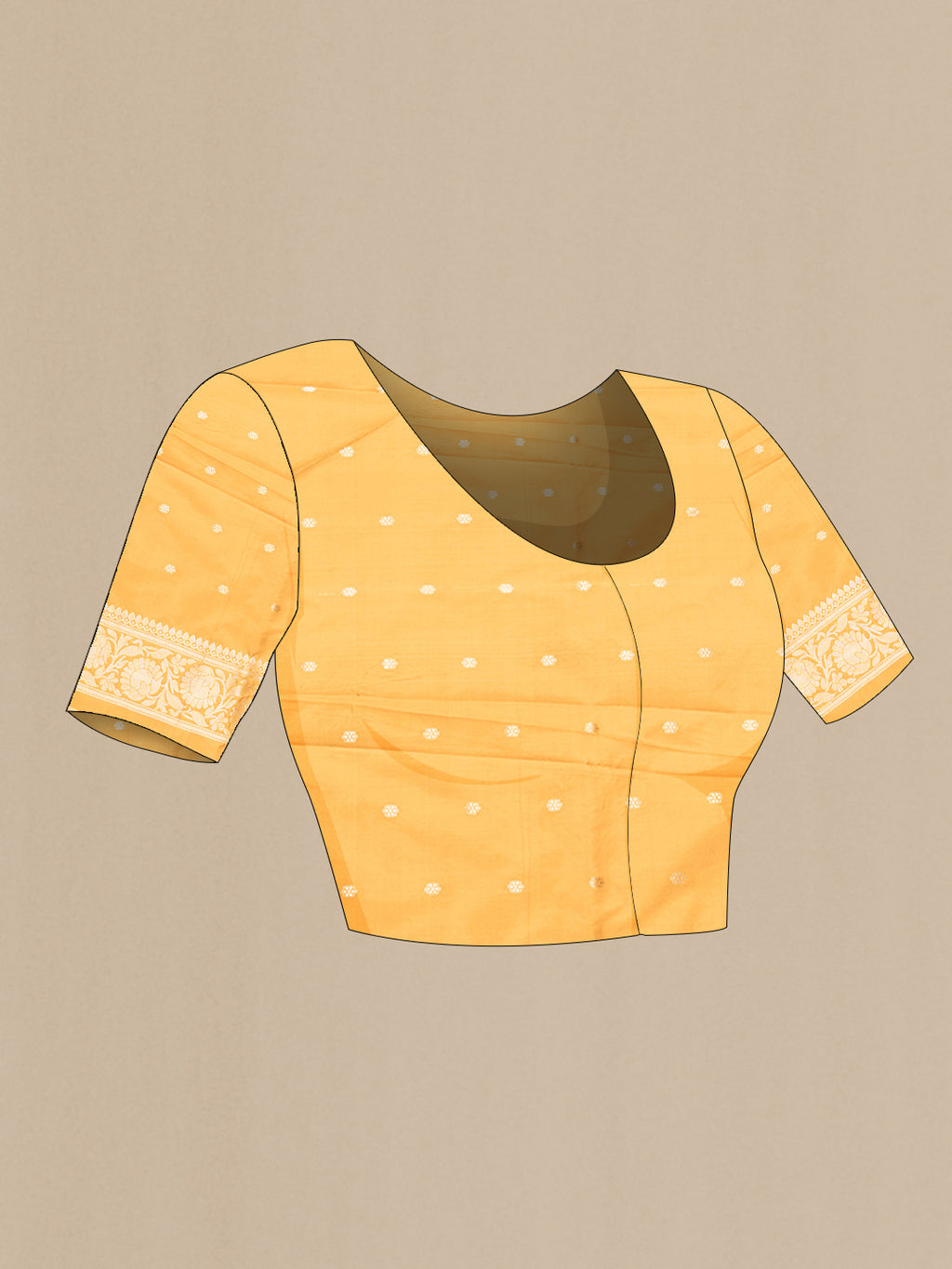 Close up image of the blouse of Mustard Dual Tone Banarasi Silk Saree with Zari Brocade on the body and Zari Border. 