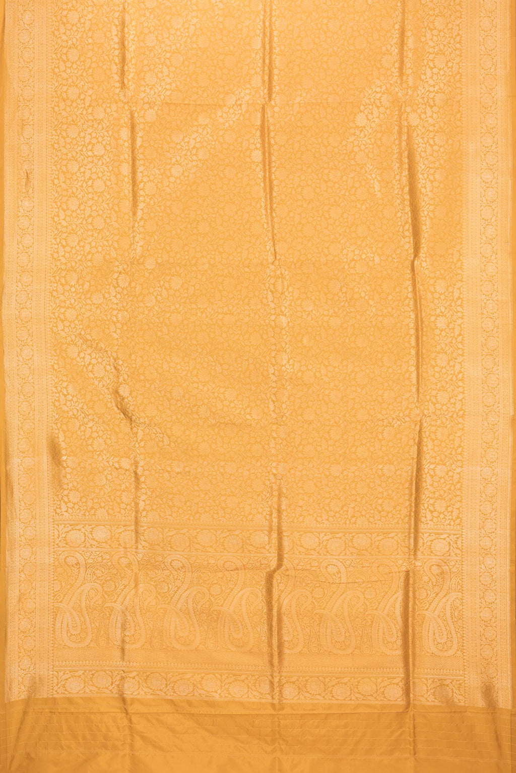 Flat view of Pure Silk Mustard Banarasi Saree with Zari Brocade on the body and Zari Border. 