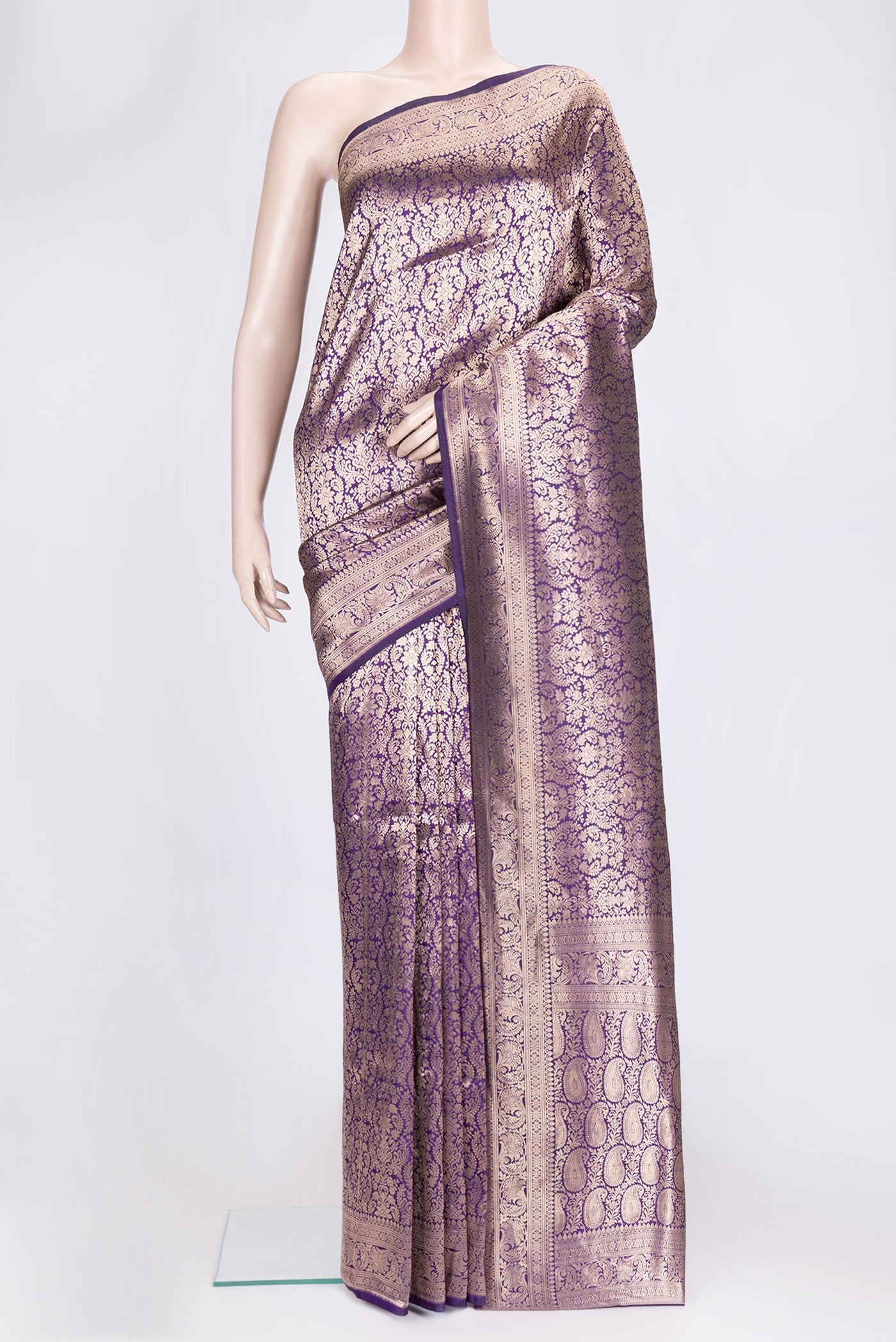 Violet Dual Tone Banarasi Silk Saree with Zari Brocade on the body and Zari Border.  displayed on a mannequin