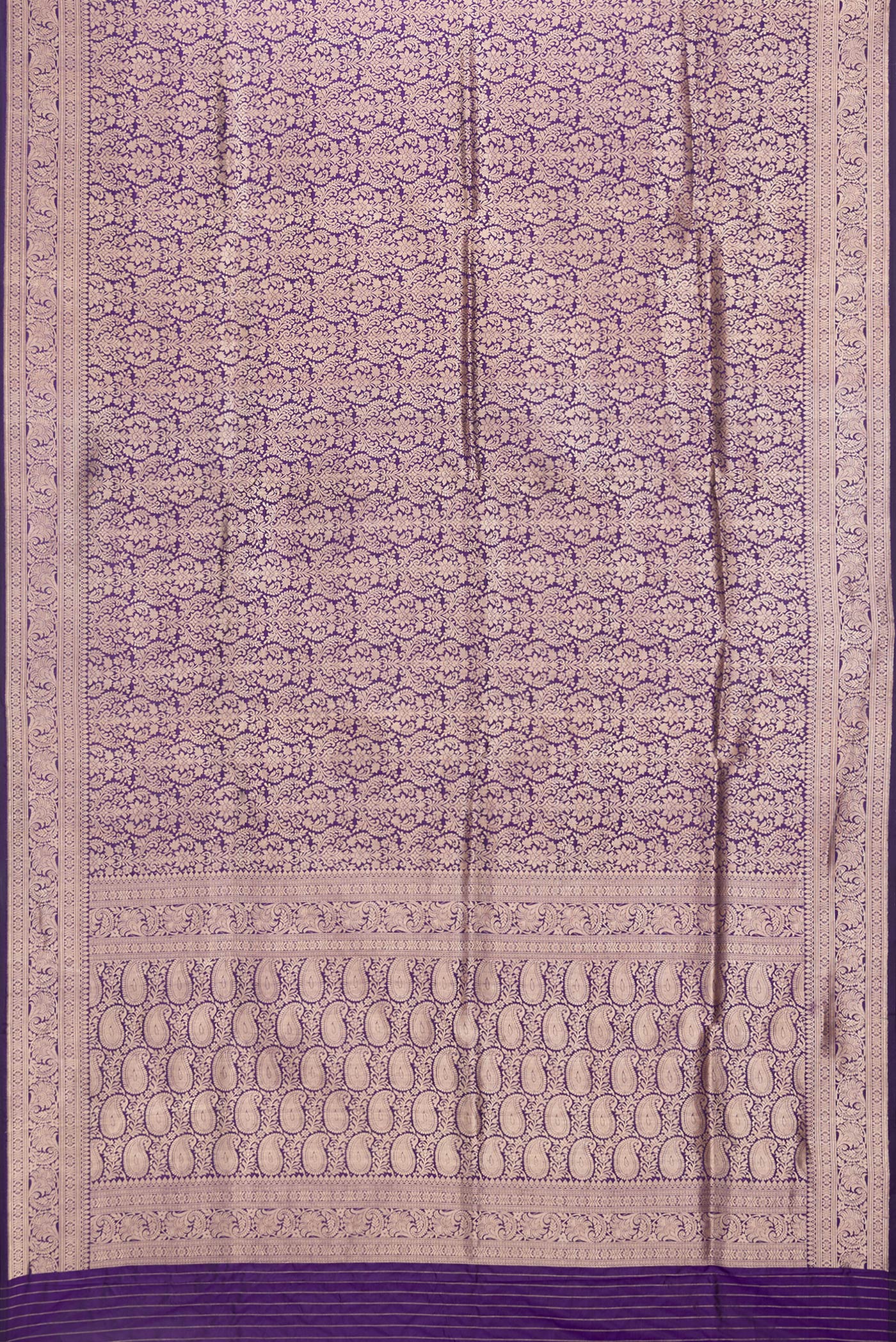 Flat view of Violet Dual Tone Banarasi Silk Saree with Zari Brocade on the body and Zari Border. 