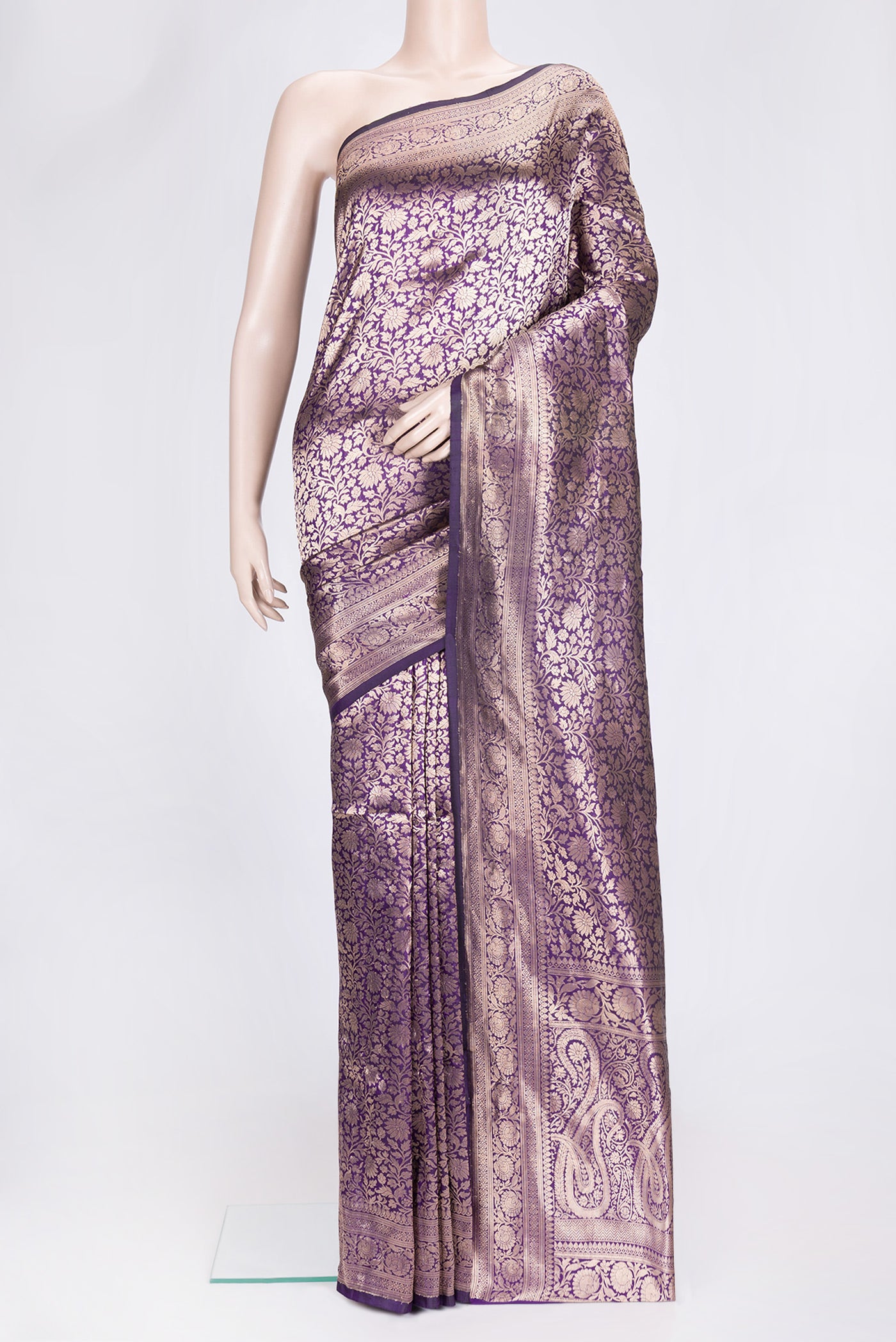 Violet Dual Tone Banarasi Silk Saree with Zari Brocade on the body and Zari Border.  displayed on a mannequin