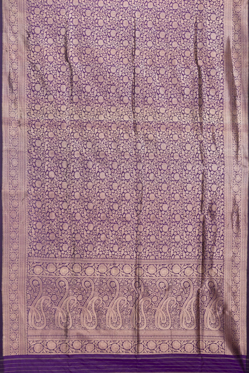Flat view of Violet Dual Tone Banarasi Silk Saree with Zari Brocade on the body and Zari Border. 
