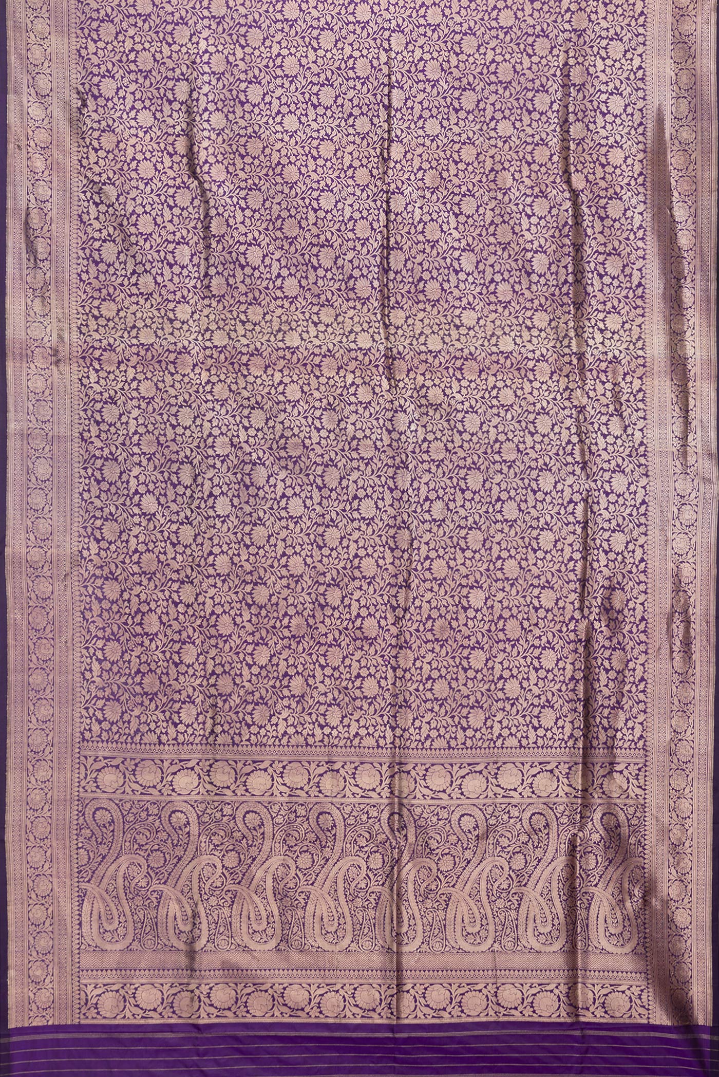 Flat view of Violet Dual Tone Banarasi Silk Saree with Zari Brocade on the body and Zari Border. 