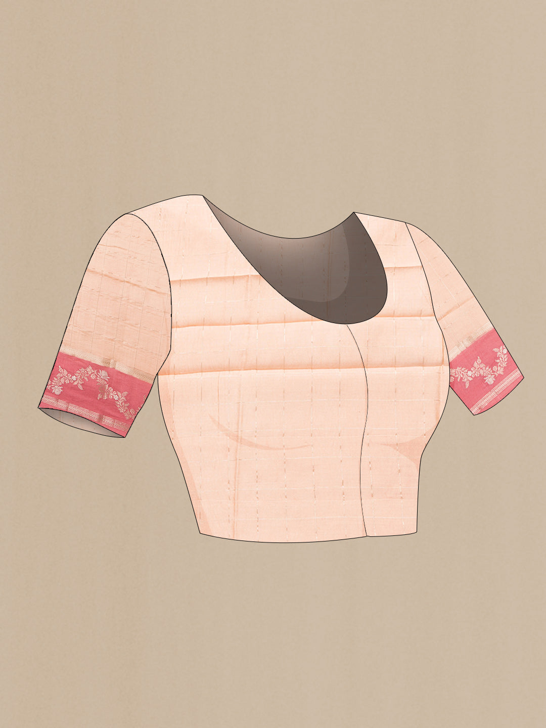 Close up image of the blouse of Peach Dual Tone Tussar Silk Saree with Checked design on the body and Fancy Border. 