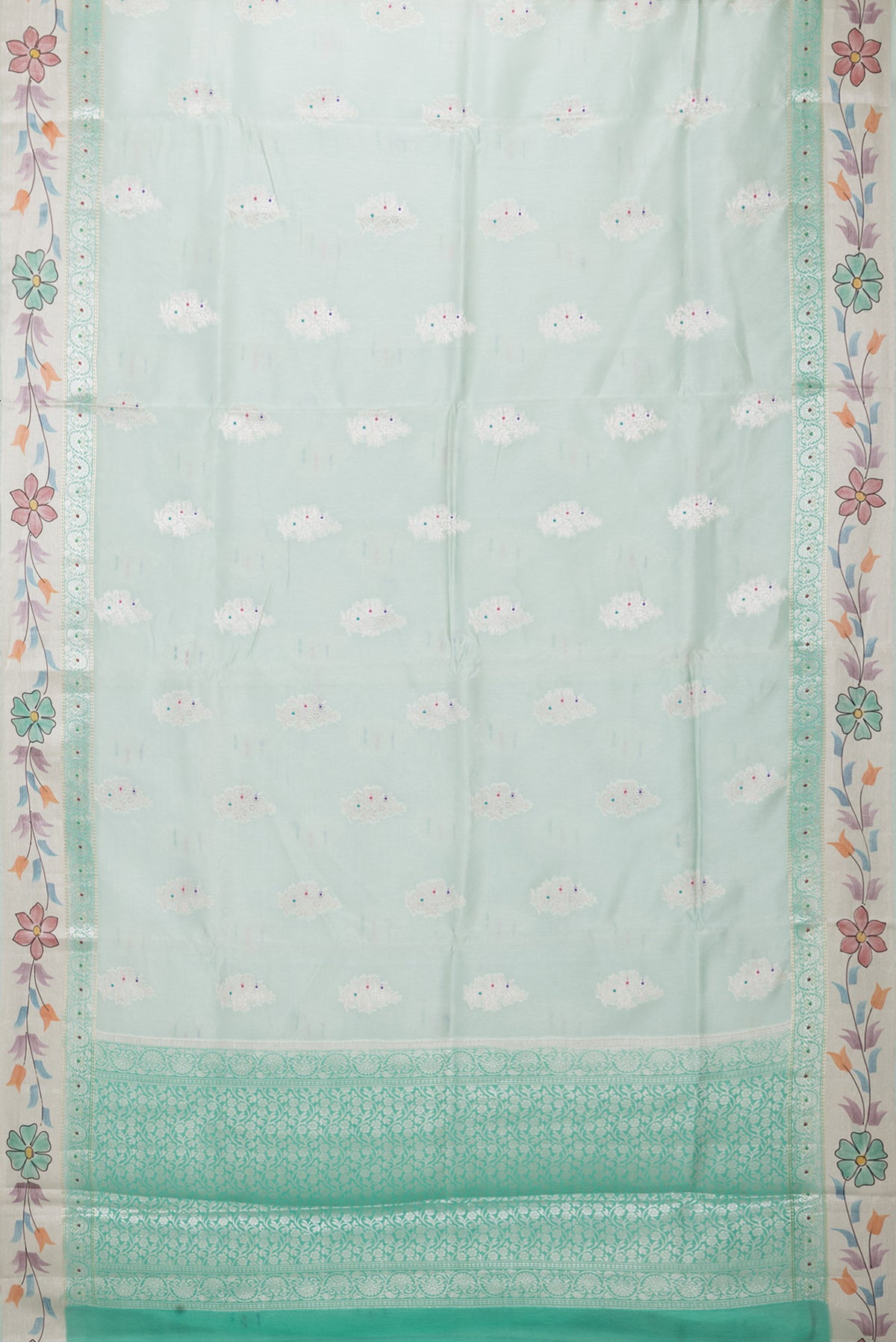 Flat view of Sea Green Dual Tone Blended Tussar Silk Saree with Zari Butta on the body and Fancy Border. 