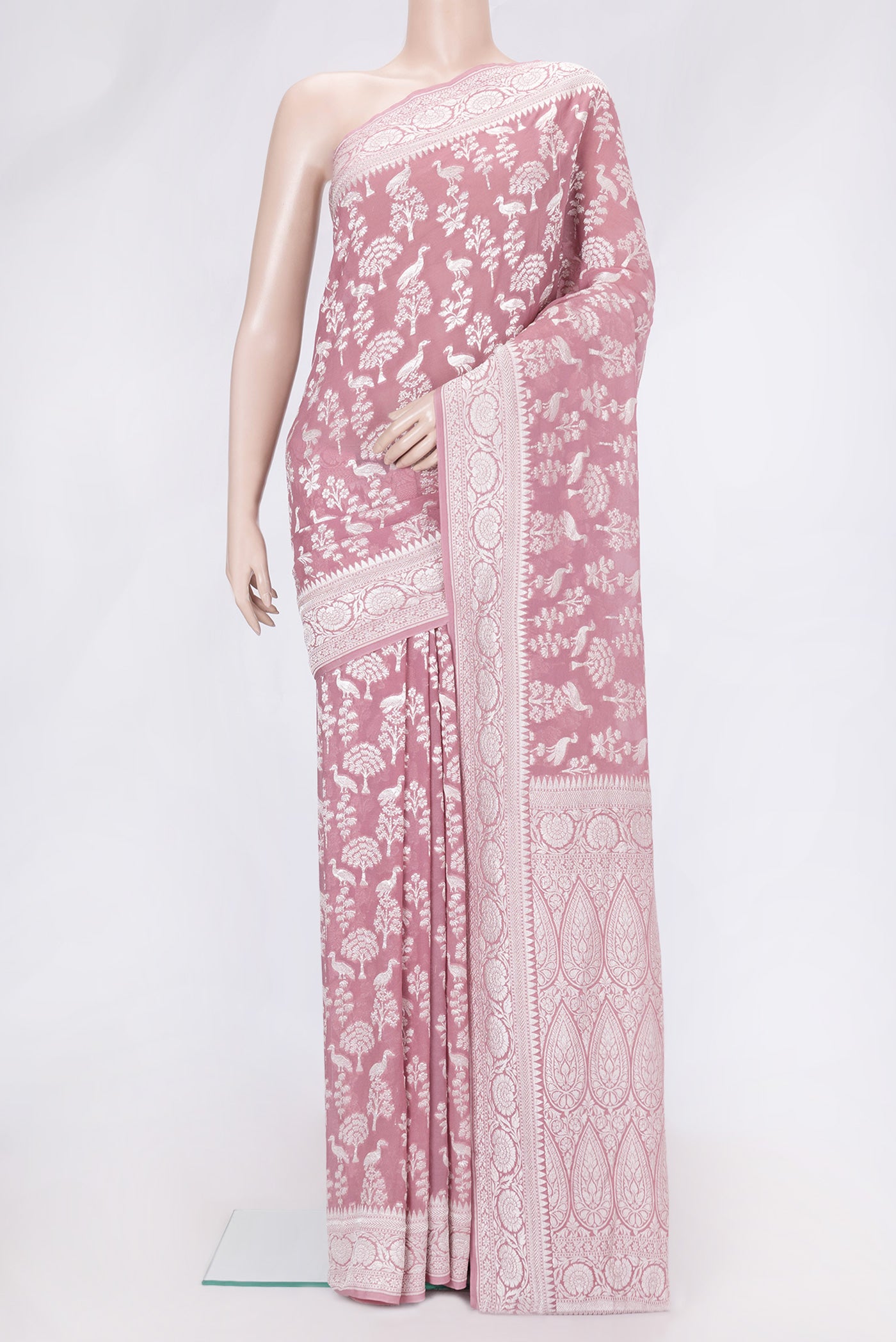 Pink Dual Tone Banarasi Georgette Saree with Zari Brocade on the body and Zari Border.  displayed on a mannequin