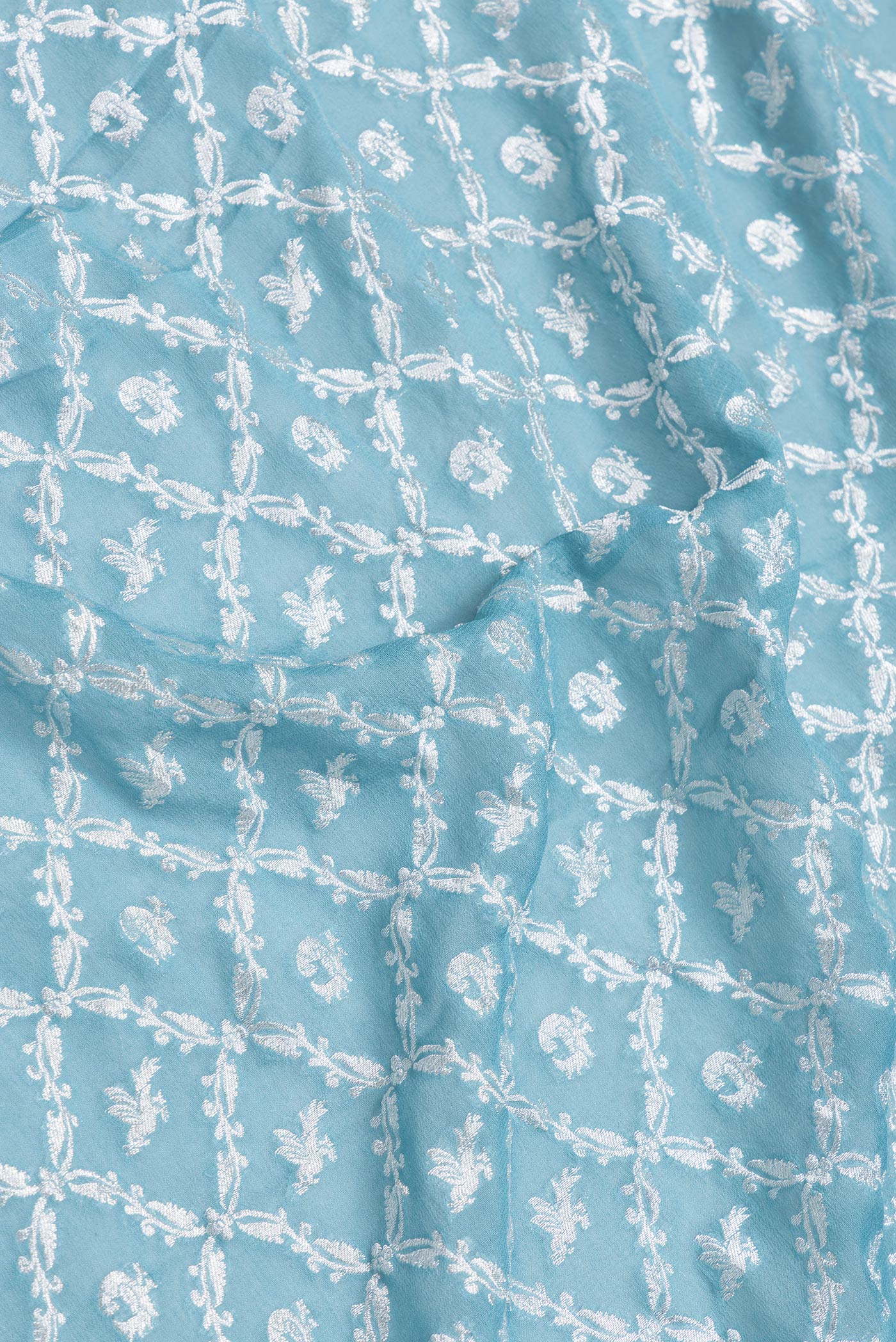 Close up of Maya Blue Dual Tone Banarasi Georgette Saree with Zari Brocade on the body and Zari Border.  displaying folds