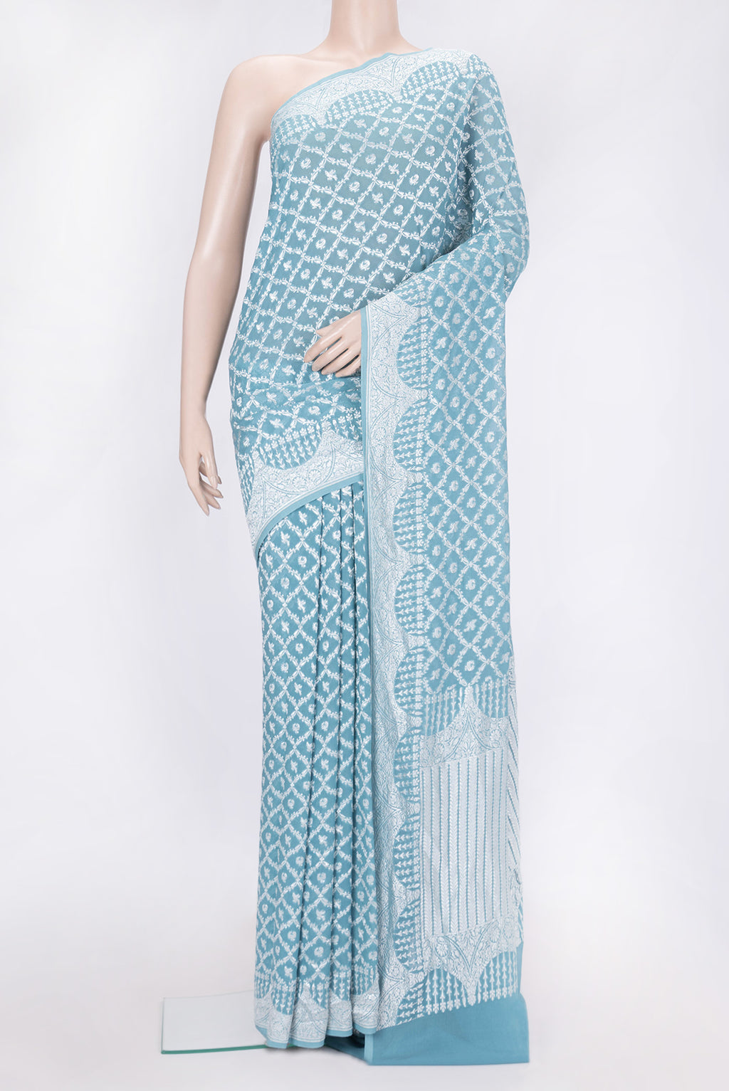 Maya Blue Dual Tone Banarasi Georgette Saree with Zari Brocade on the body and Zari Border.  displayed on a mannequin
