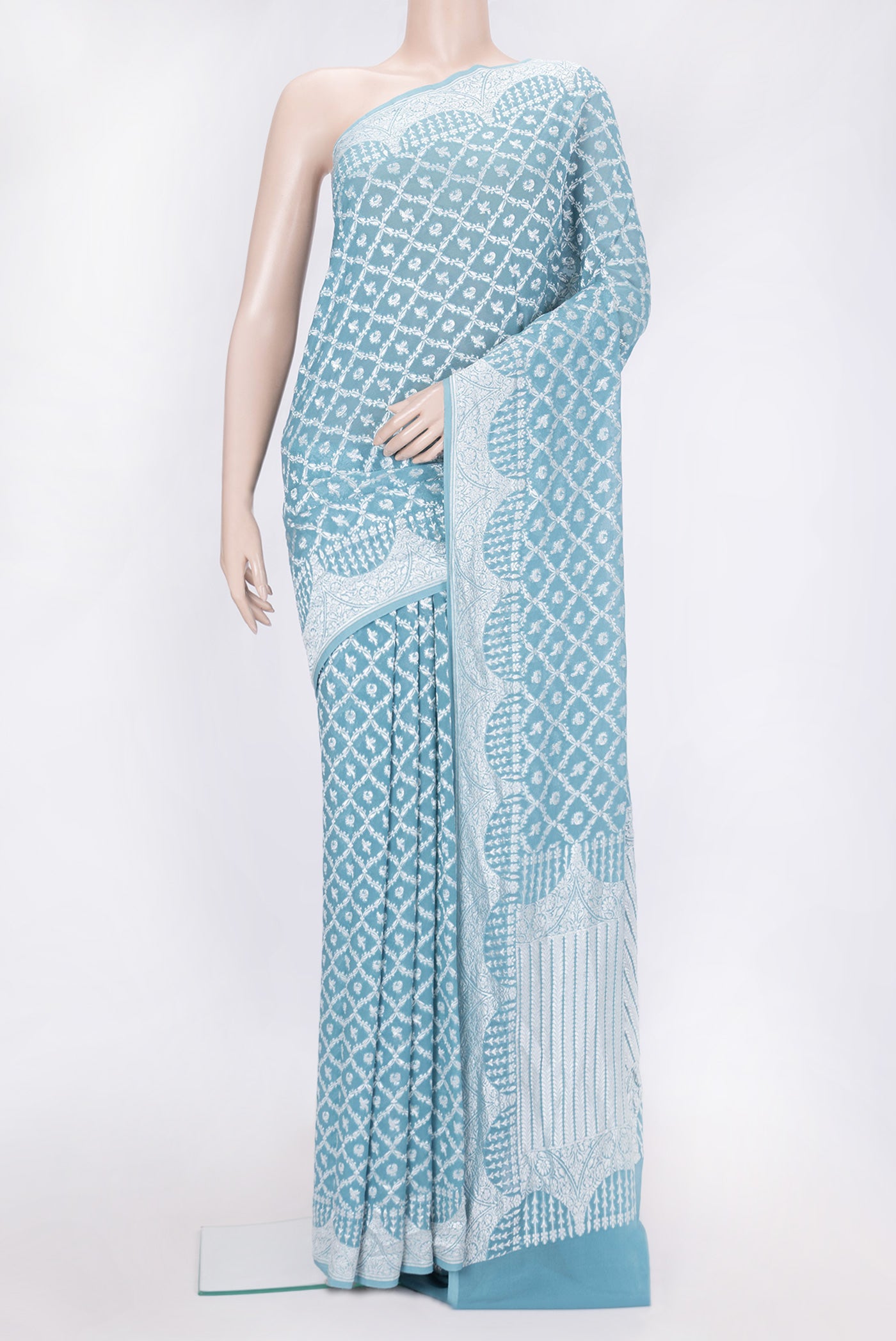 Maya Blue Dual Tone Banarasi Georgette Saree with Zari Brocade on the body and Zari Border.  displayed on a mannequin