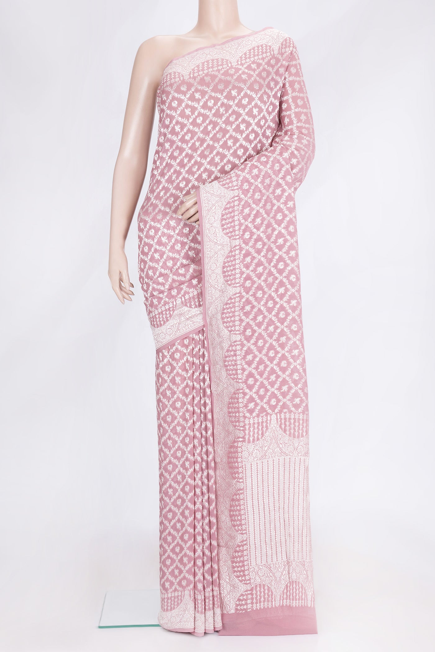 Pink Dual Tone Banarasi Georgette Saree with Zari Brocade on the body and Zari Border.  displayed on a mannequin