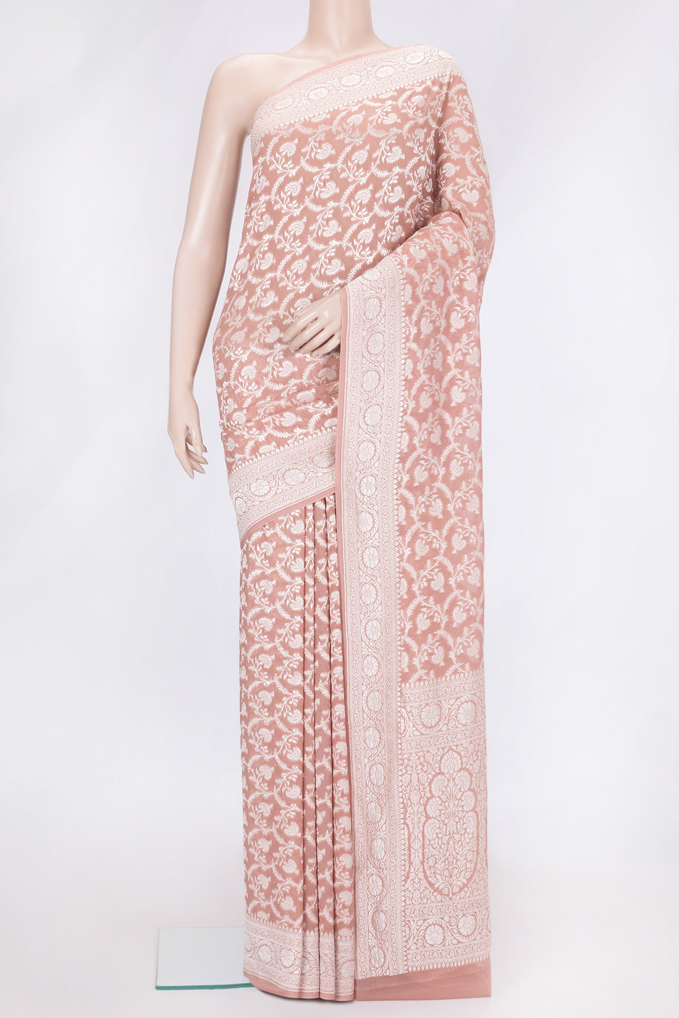 Golden Peach Dual Tone Banarasi Georgette Saree with Zari Brocade on the body and Zari Border.  displayed on a mannequin