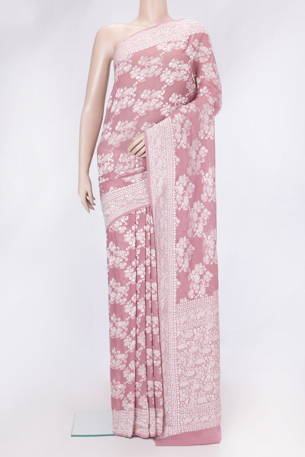 Pink Dual Tone Banarasi Georgette Saree with Zari Brocade on the body and Zari Border.  displayed on a mannequin
