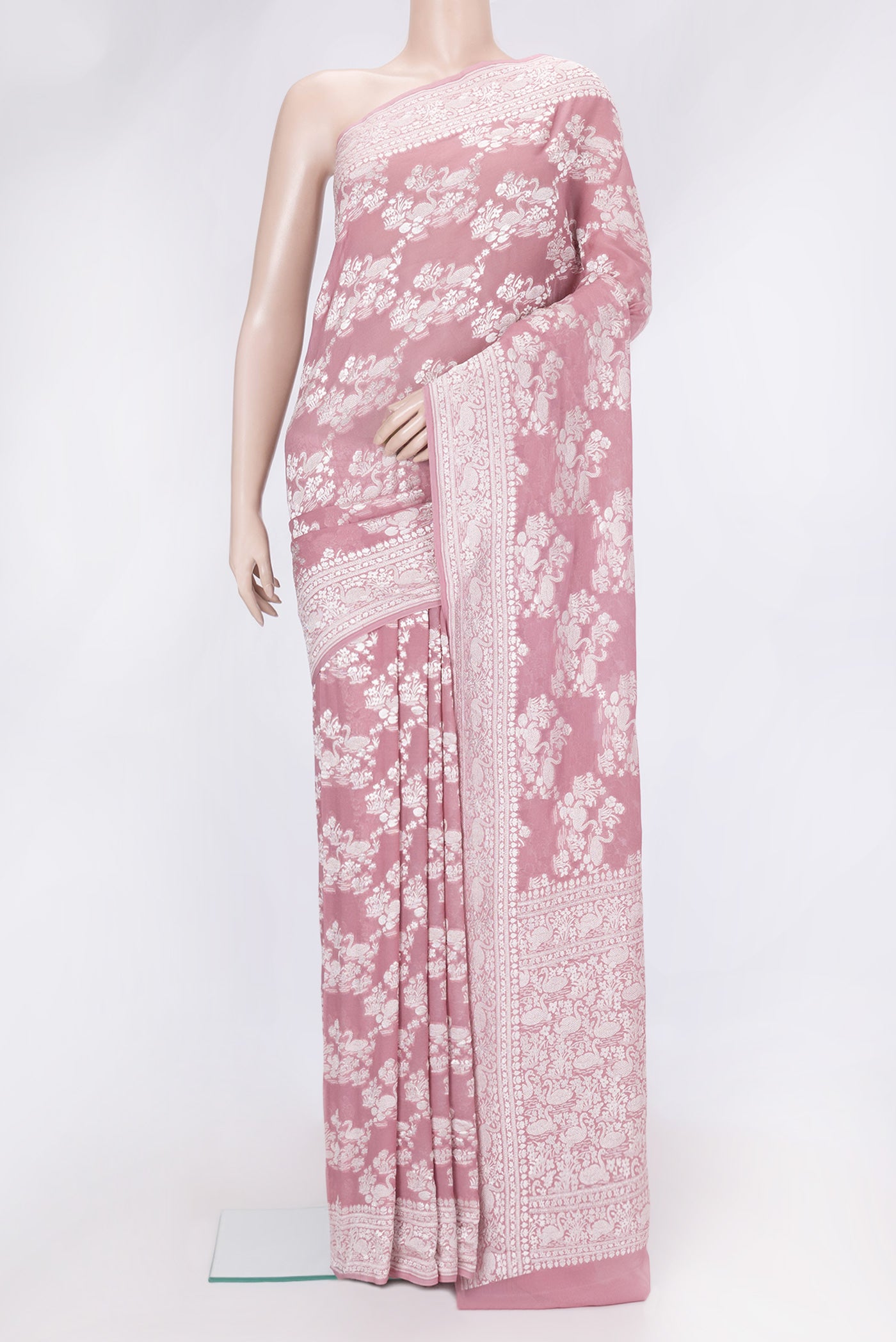 Pink Dual Tone Banarasi Georgette Saree with Zari Brocade on the body and Zari Border.  displayed on a mannequin