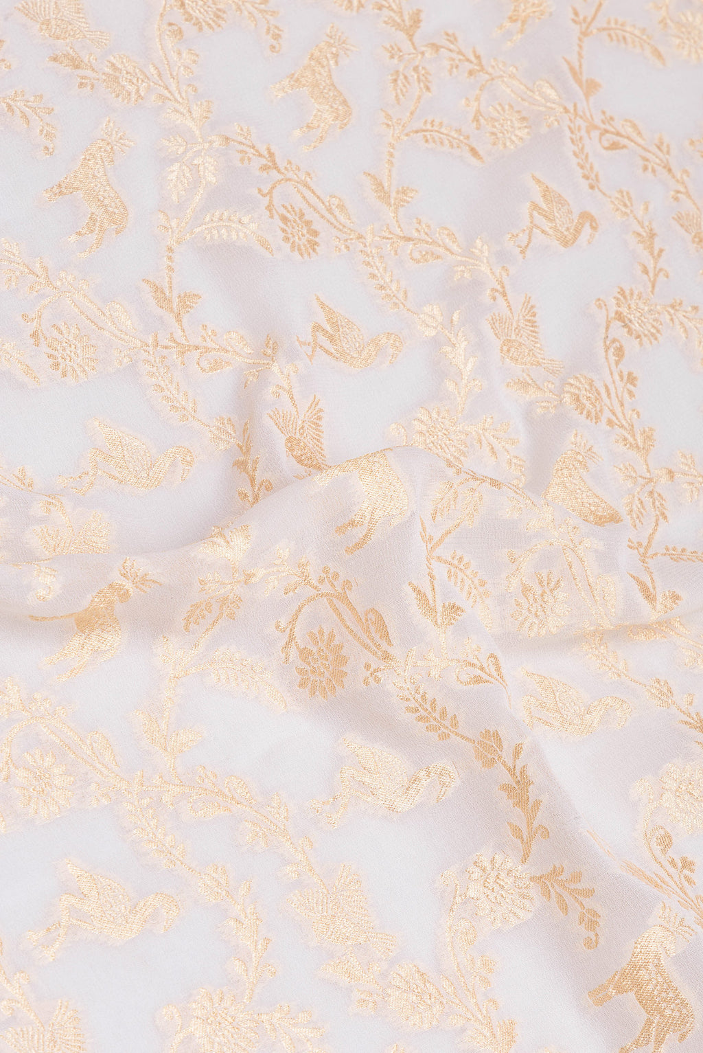 Close up of Beige Dual Tone Banarasi Georgette Saree with Zari Brocade on the body and Zari Border.  displaying folds