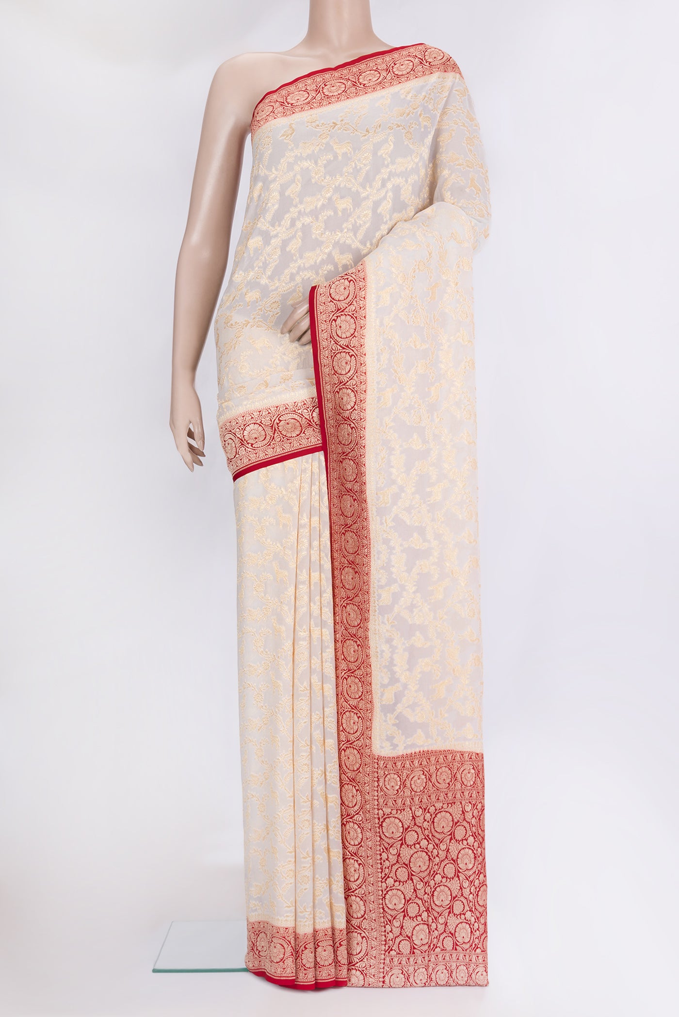 Beige Dual Tone Banarasi Georgette Saree with Zari Brocade on the body and Zari Border.  displayed on a mannequin