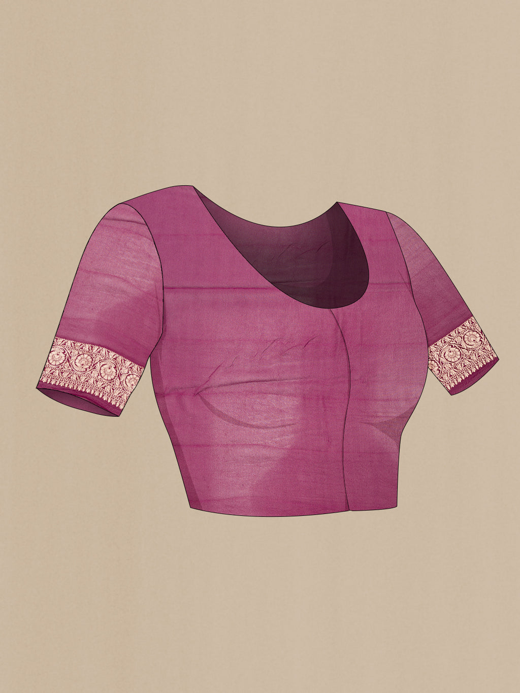 Close up image of the blouse of Orange Dual Tone Mysore Georgette Saree with Zari Brocade on the body and Zari Border. 