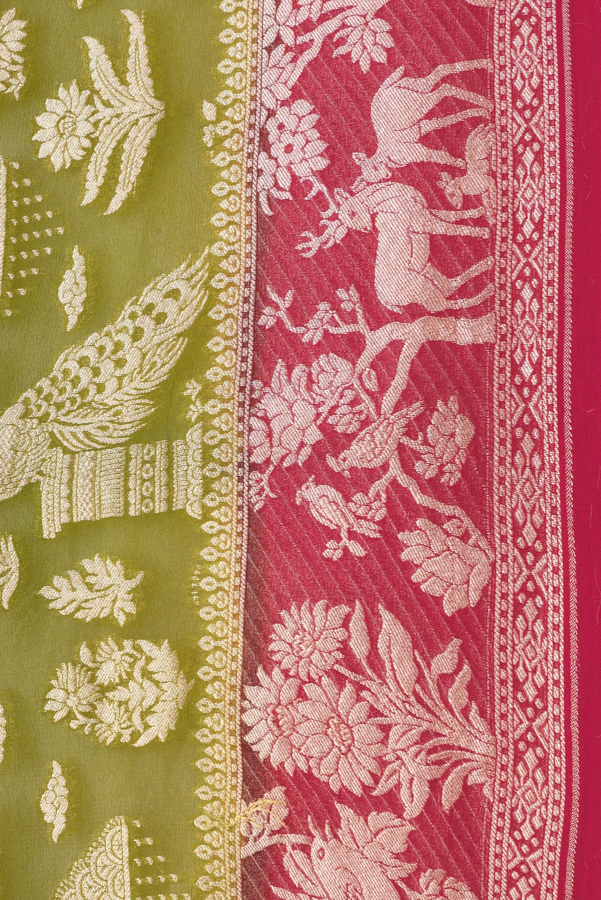 Border image of Mehandi Green Dual Tone Banarasi Georgette Saree with Zari Brocade on the body and Fancy Border. 