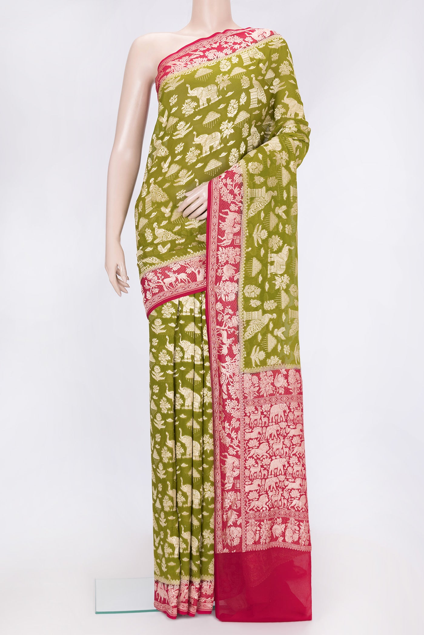 Mehandi Green Dual Tone Banarasi Georgette Saree with Zari Brocade on the body and Fancy Border.  displayed on a mannequin