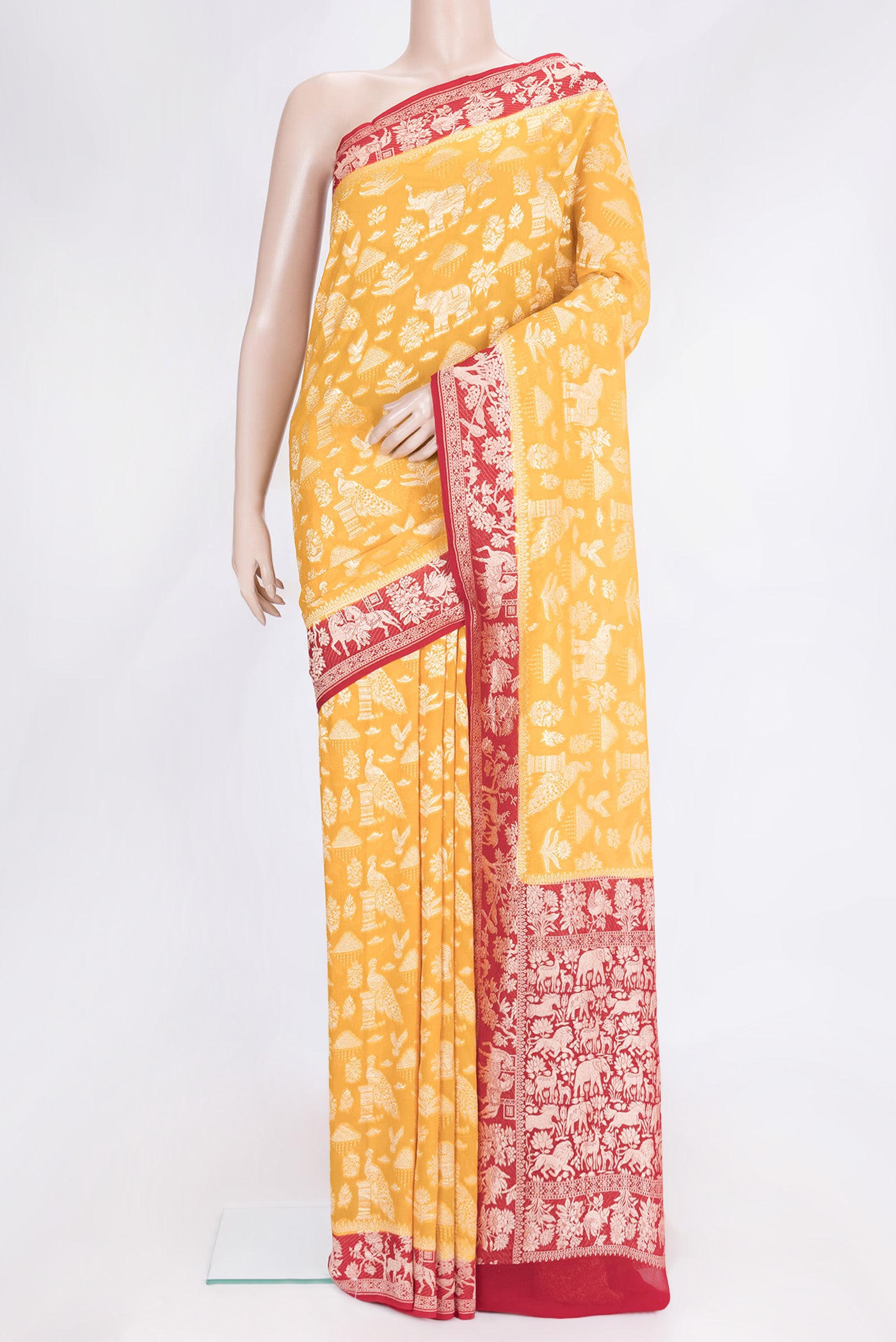 Yellow Dual Tone Banarasi Georgette Saree with Zari Brocade on the body and Fancy Border.  displayed on a mannequin