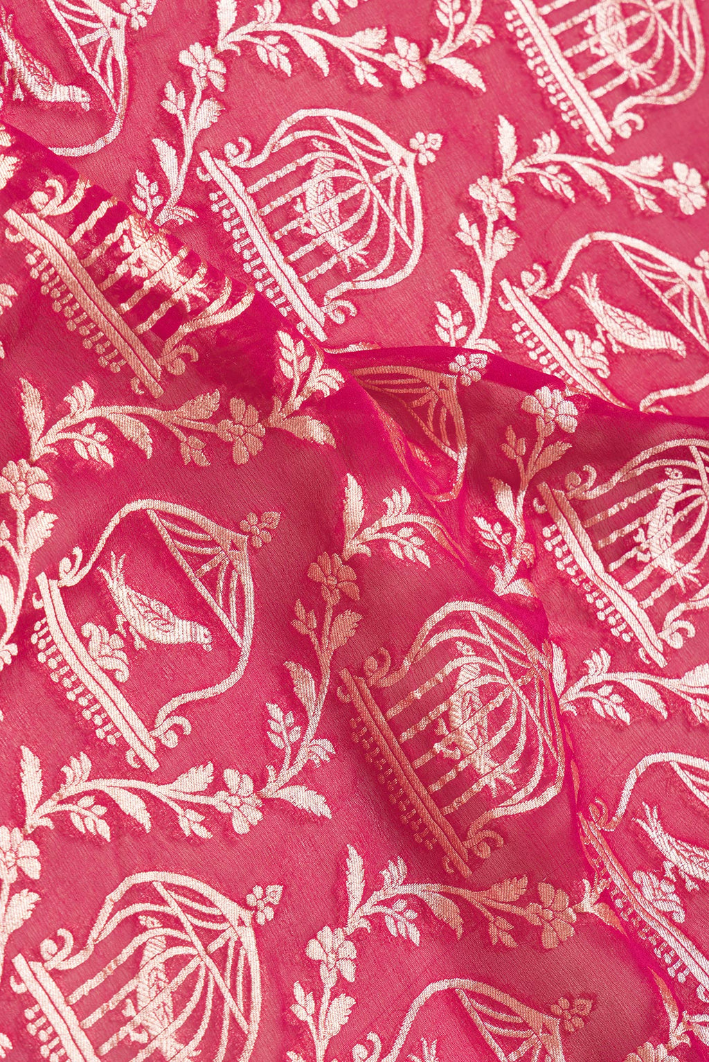 Close up of Pink Dual Tone Banarasi Georgette Saree with Zari Brocade on the body and Zari Border.  displaying folds