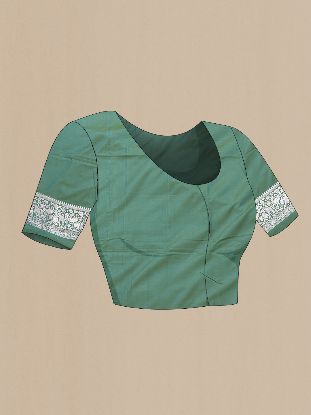 Close up image of the blouse of Green Dual Tone Blended Banarasi Silk Saree with Zari Brocade on the body and Zari Border. 