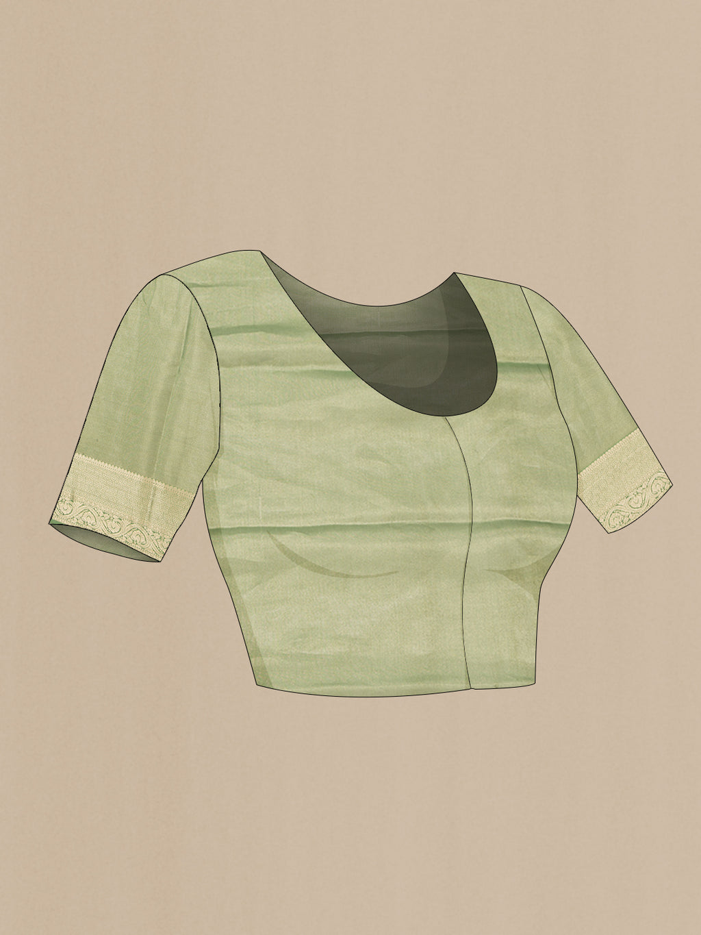 Close up image of the blouse of Pista Green Dual Tone Mysore Silk Saree with Zari Brocade on the body and Zari Border. 