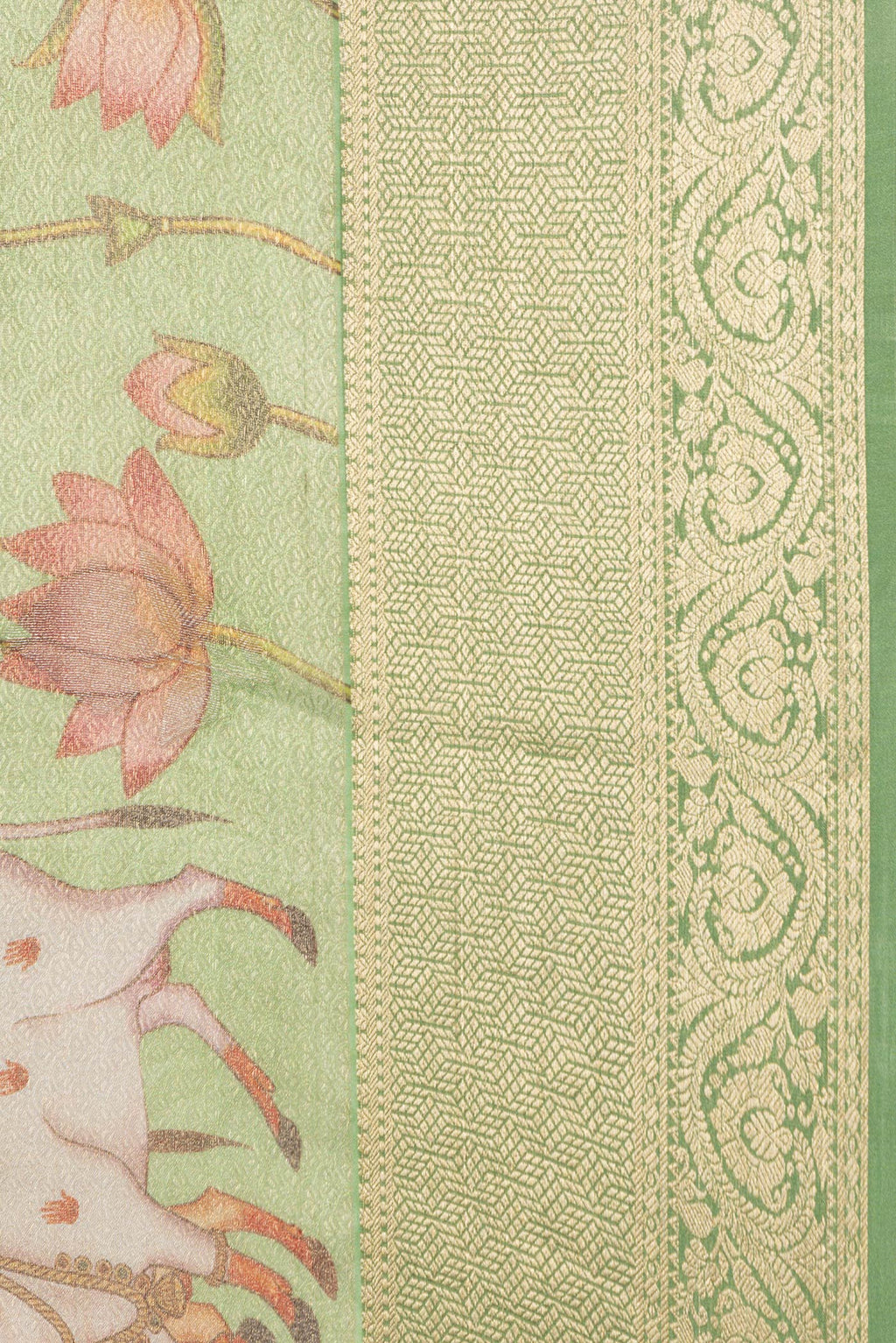 Border image of Pista Green Dual Tone Mysore Silk Saree with Zari Brocade on the body and Zari Border. 