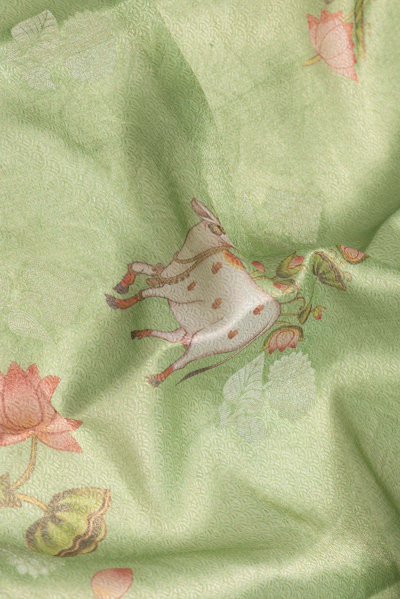 Close up of Pista Green Dual Tone Mysore Silk Saree with Zari Brocade on the body and Zari Border.  displaying folds