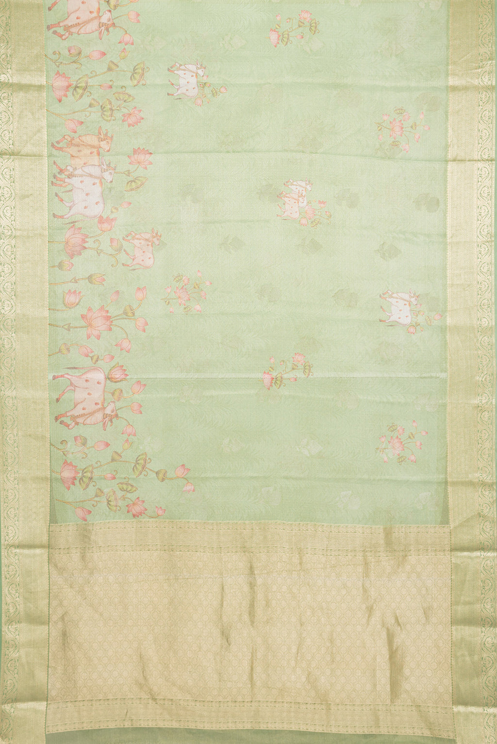 Flat view of Pista Green Dual Tone Mysore Silk Saree with Zari Brocade on the body and Zari Border. 