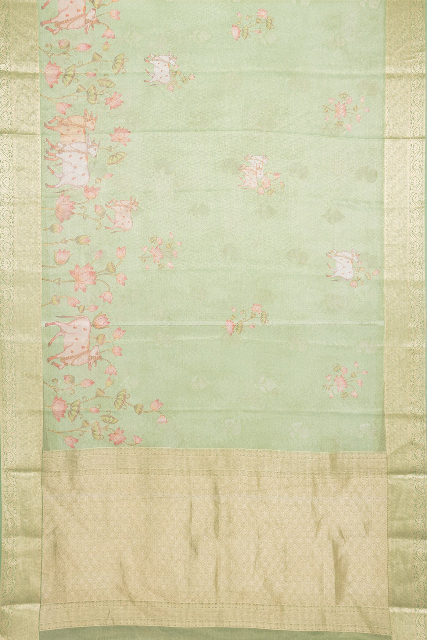 Flat view of Pista Green Dual Tone Mysore Silk Saree with Zari Brocade on the body and Zari Border. 
