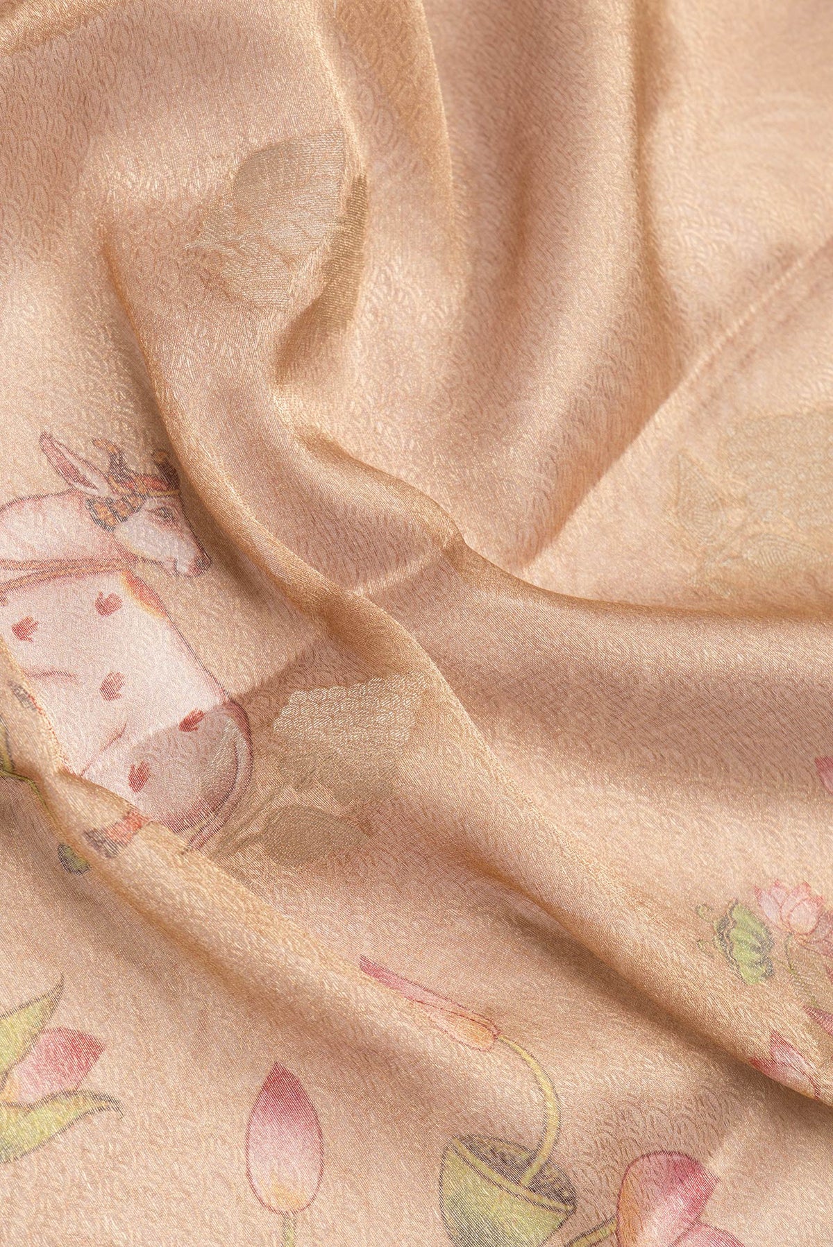 Close up of Gold Dual Tone Mysore Silk Saree with Zari Brocade on the body and Fancy Border.  displaying folds